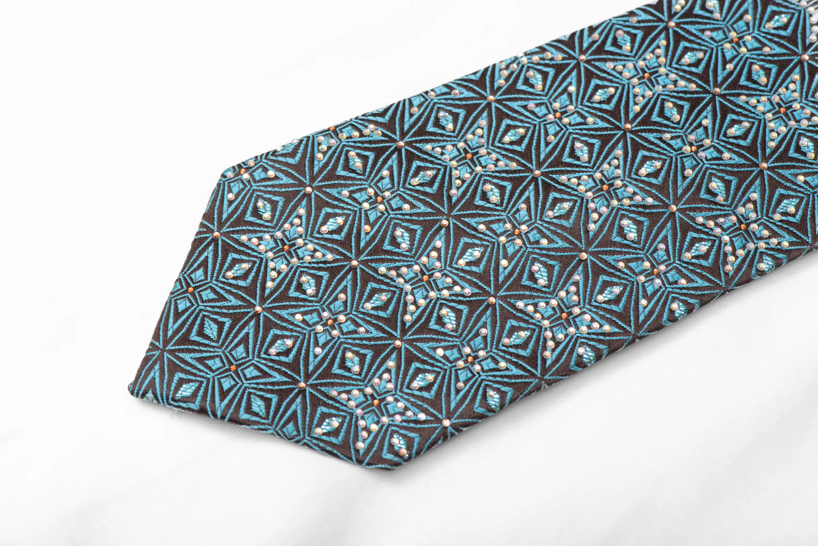 Teal Geometric Trellis On Brown Rhinestone Silk Necktie With Sparkles - Image 4