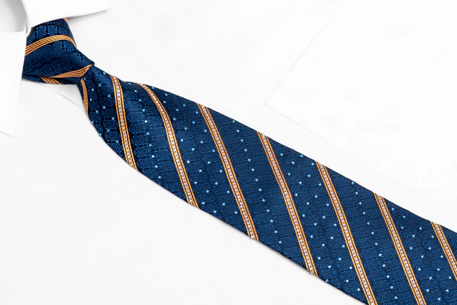 Gold Striped On Blue Cartouche Rhinestone Silk Tie - Image 2