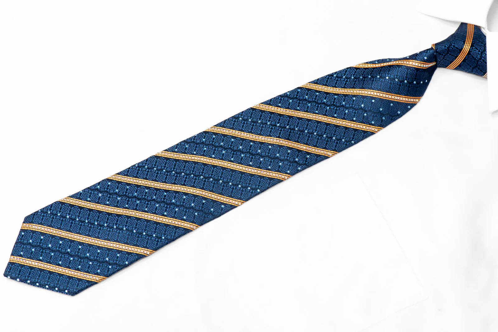 Gold Striped On Blue Cartouche Rhinestone Silk Tie - Image 3