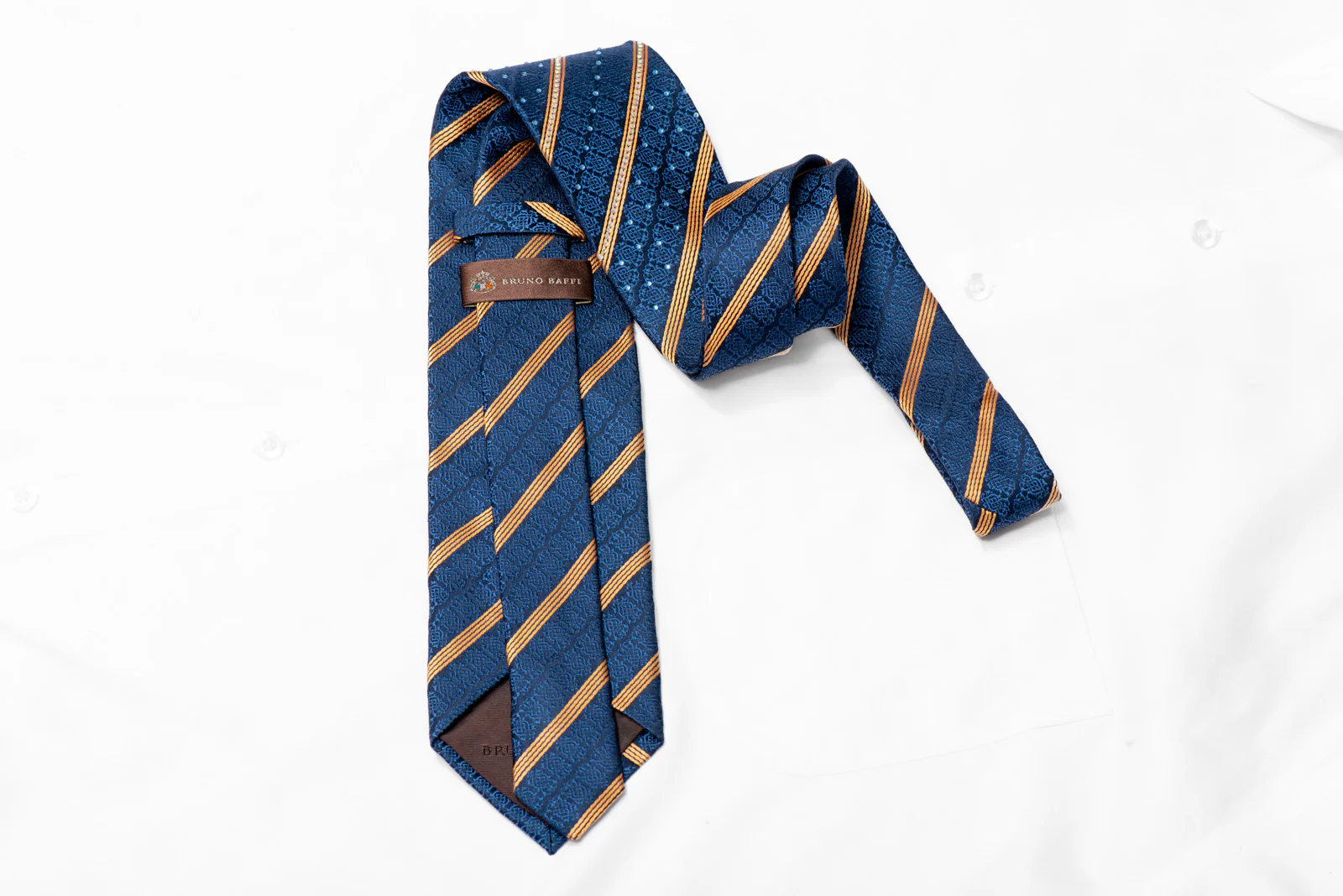 Gold Striped On Blue Cartouche Rhinestone Silk Tie - Image 4