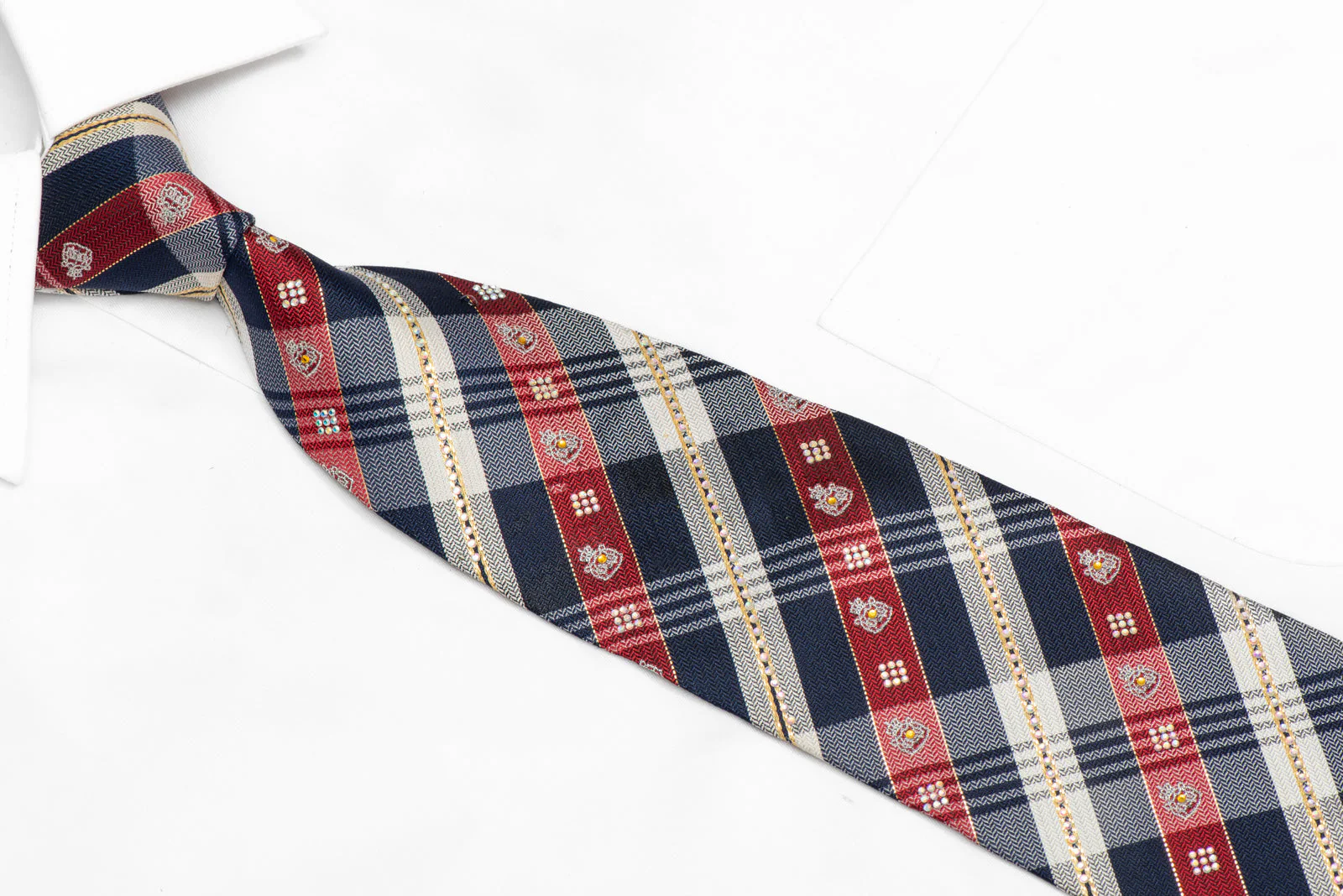 Burgundy Blue Silver Plaid Rhinestone Silk Tie With Gold Sparkles - Image 2
