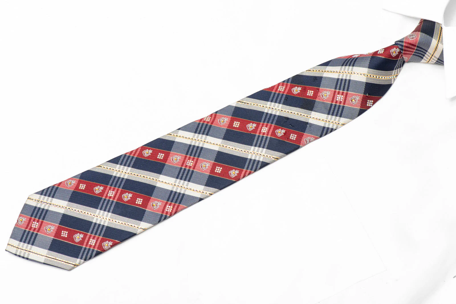 Burgundy Blue Silver Plaid Rhinestone Silk Tie With Gold Sparkles - Image 3