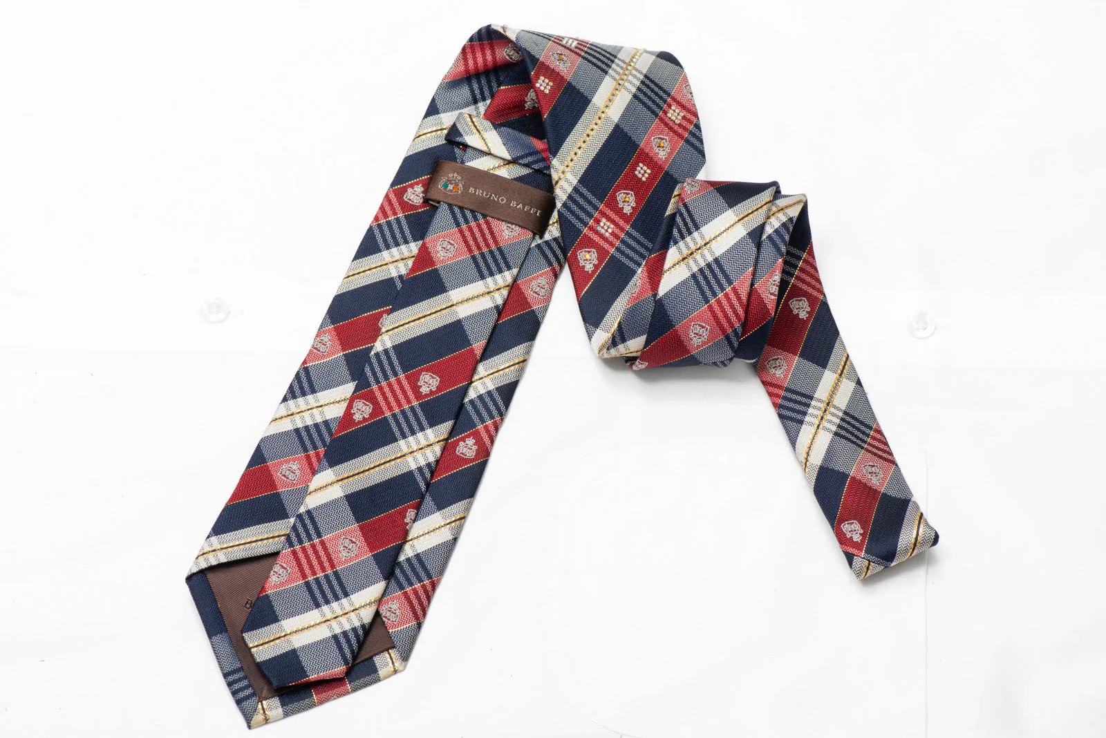 Burgundy Blue Silver Plaid Rhinestone Silk Tie With Gold Sparkles - Image 4