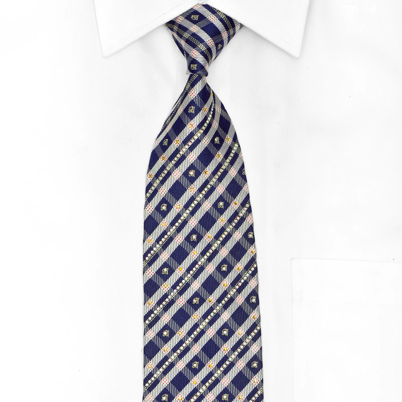 Silver Navy Plaid Rhinestone Silk Necktie With Red Sparkles