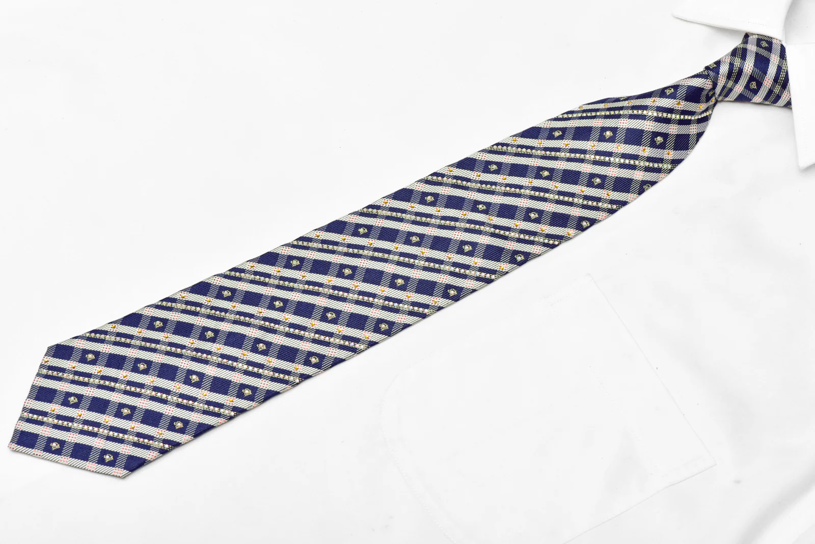 Silver Navy Plaid Rhinestone Silk Necktie With Red Sparkles - Image 2