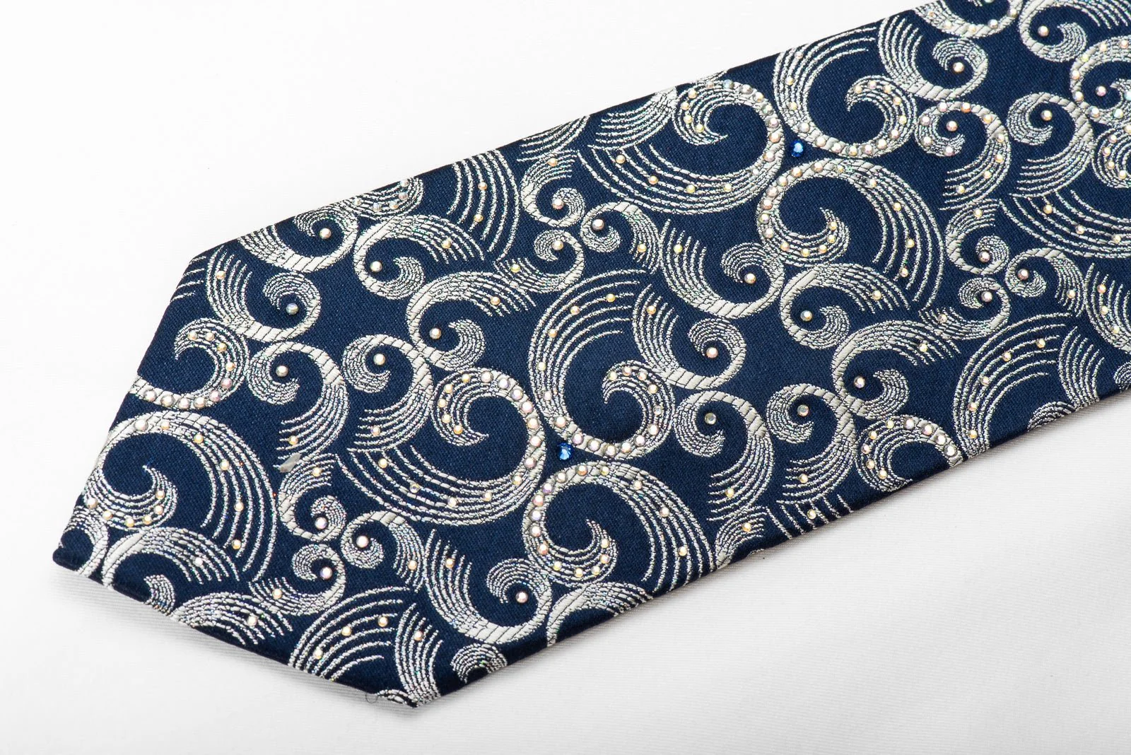 Crystal Rhinestone Necktie Silver Scrolls On Blue With Silver Sparkles - Image 3