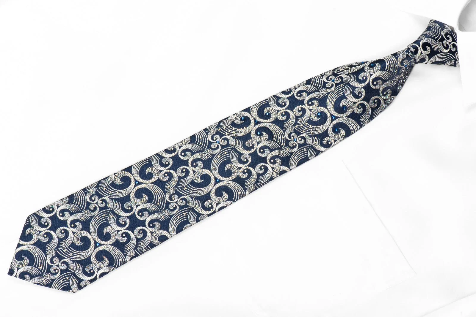 Crystal Rhinestone Necktie Silver Scrolls On Blue With Silver Sparkles - Image 4