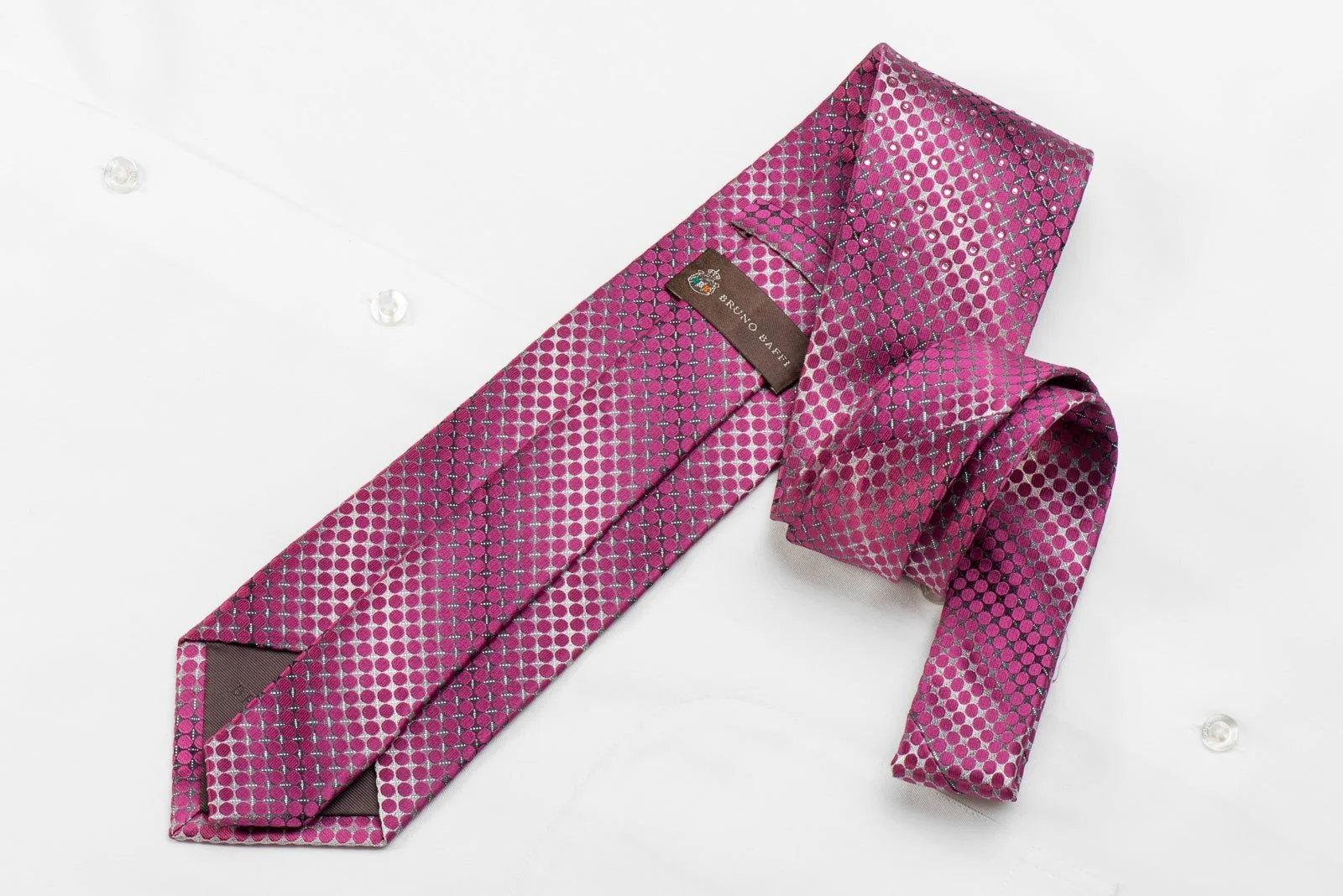 Bruno Baffi Men's Crystal Silk Necktie Purple Dots On Silver With Silver Sparkles - Image 4
