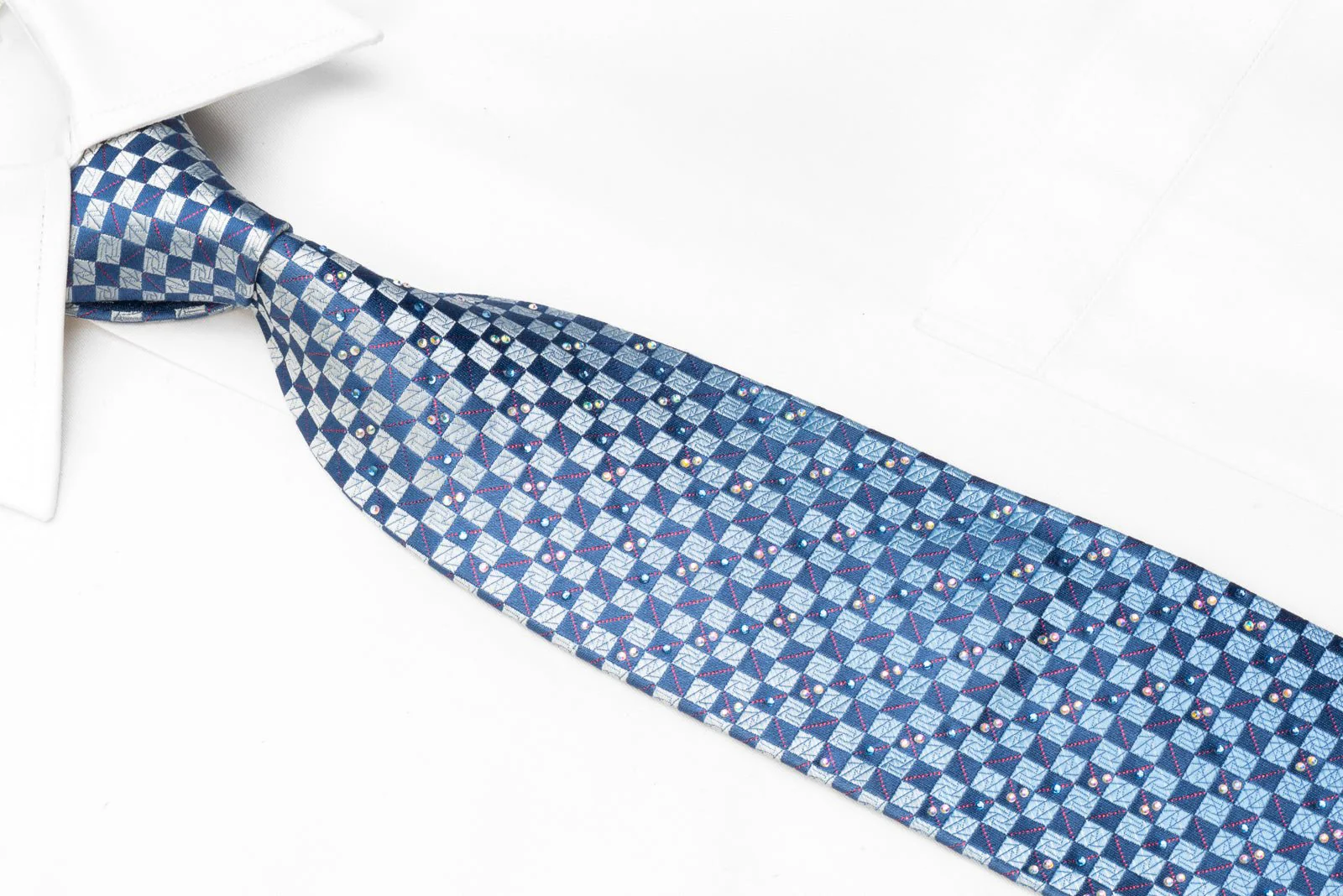 Bruno Baffi Men's Rhinestone Necktie Blue Checkered With Red Sparkles - Image 2
