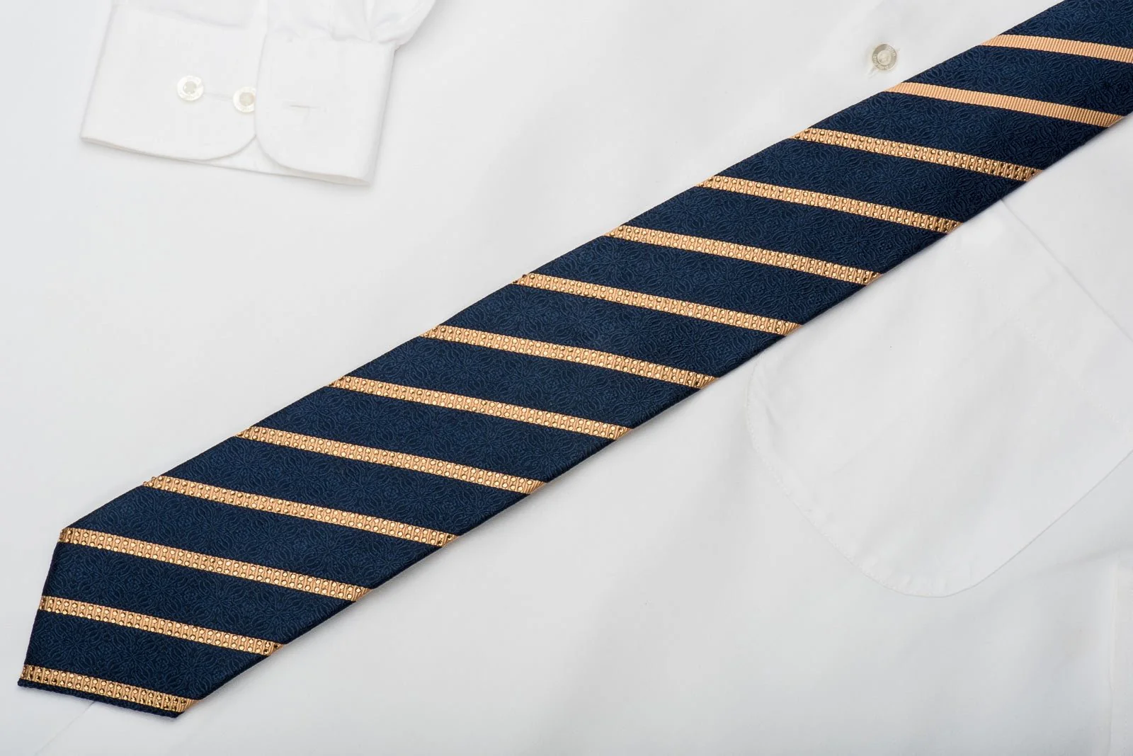 Gold Striped On Navy Cartouche Rhinestone Necktie Sparkling With Rhinestones - Image 6