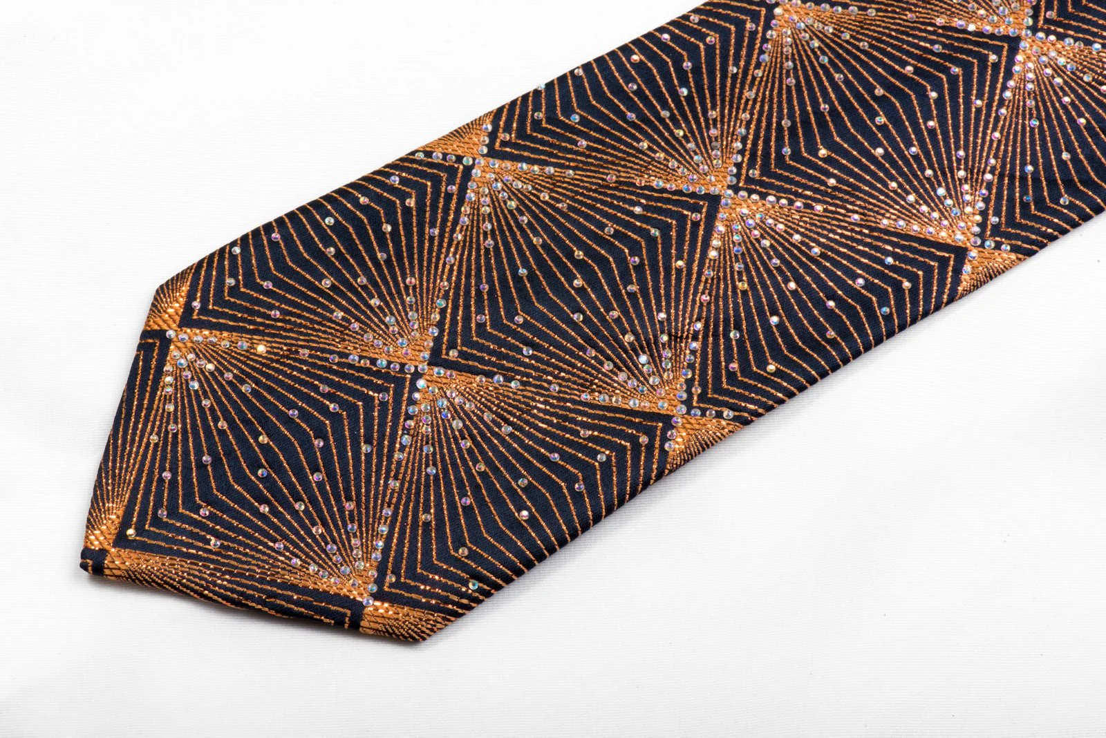 Bruno Baffi Rhinestone Silk Necktie Copper Geometric Trellis On Navy With Sparkles - Image 4