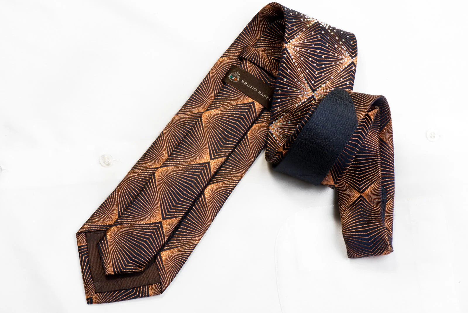 Bruno Baffi Rhinestone Silk Necktie Copper Geometric Trellis On Navy With Sparkles - Image 5
