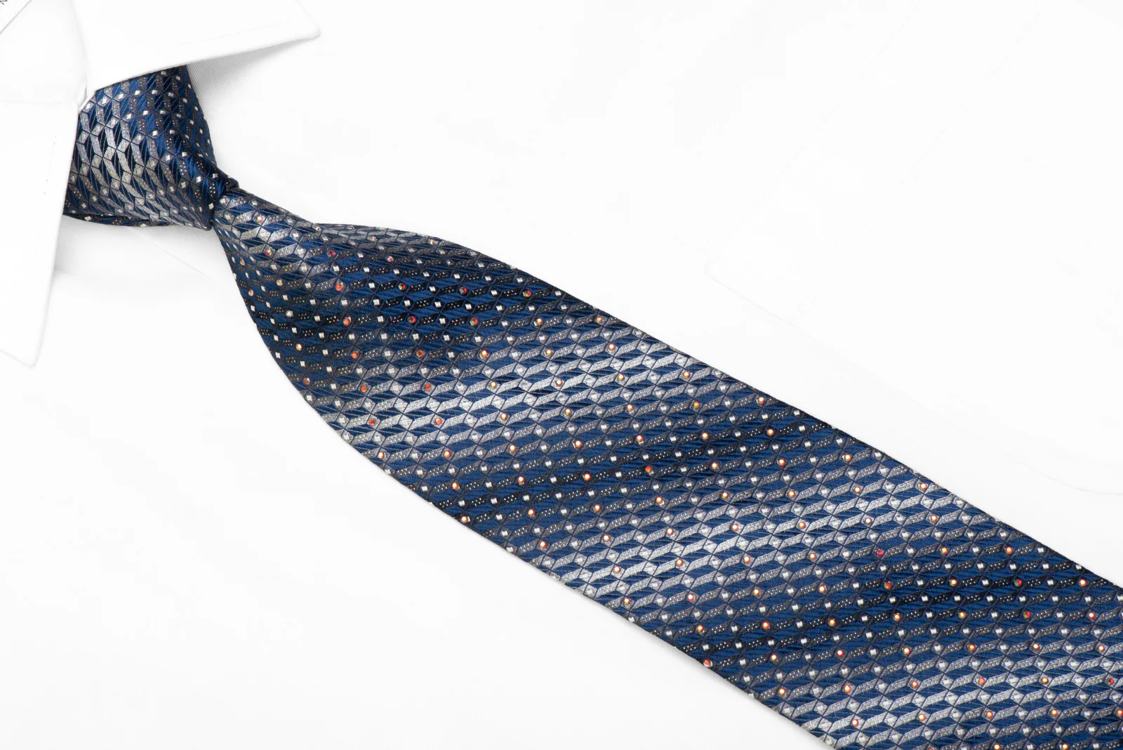 Bruno Baffi Rhinestone Silk Necktie Silver Black Geometric On Blue With Sparkles - Image 2