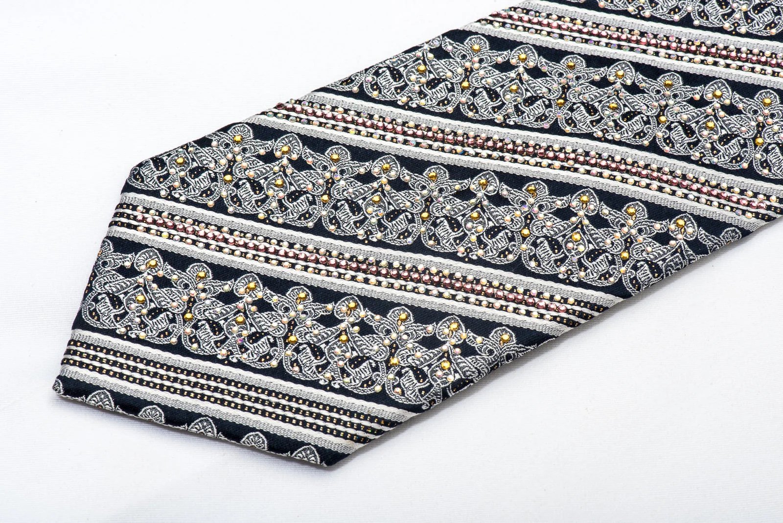 Silver Cartouche & Stripes On Navy Rhinestone Silk Necktie With Gold Sparkles - Image 3