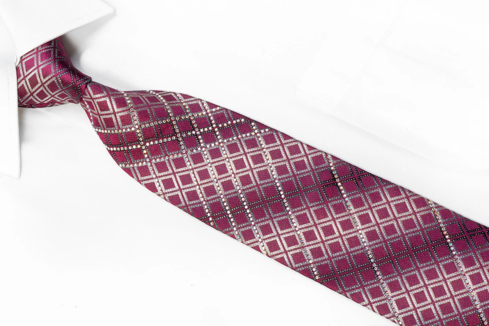Bruno Baffi Rhinestone Silk Necktie Silver Geometric On Purple With Sparkles - Image 2