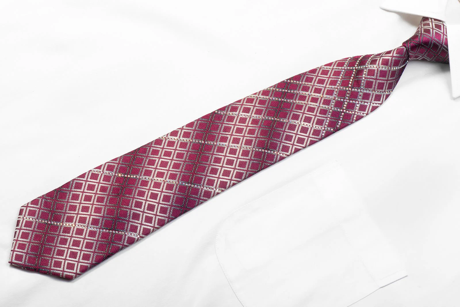 Bruno Baffi Rhinestone Silk Necktie Silver Geometric On Purple With Sparkles - Image 3