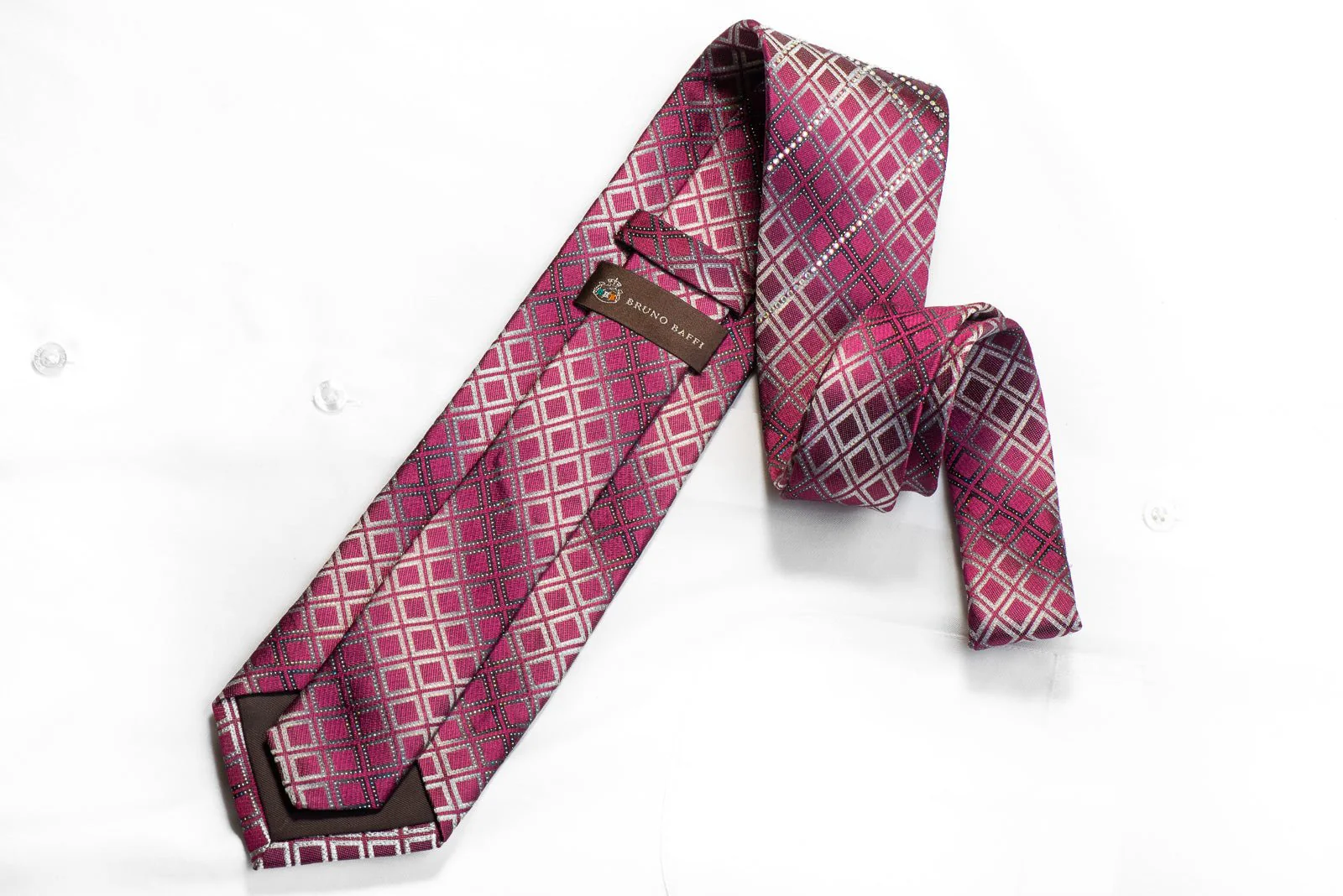 Bruno Baffi Rhinestone Silk Necktie Silver Geometric On Purple With Sparkles - Image 4