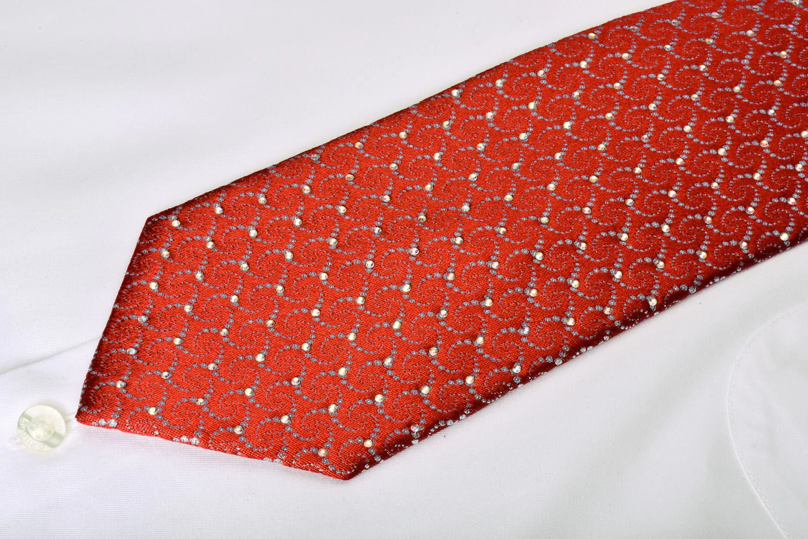 Silver Geometric On Red With Silver Sparkles Rhinestone Silk Necktie - Image 4
