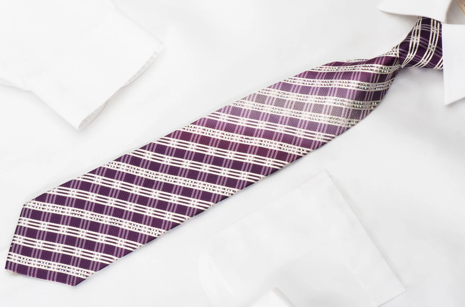 Bruno Baffi Rhinestone Silk Necktie White Stripes On Purple With Silver Sparkles - Image 4