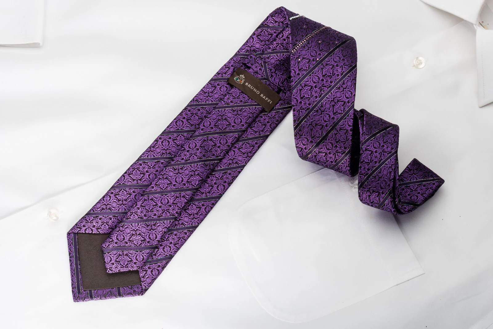 Bruno Baffi Silk Necktie Striped Rhinestones & Purple Cartouche On Black - Image 2