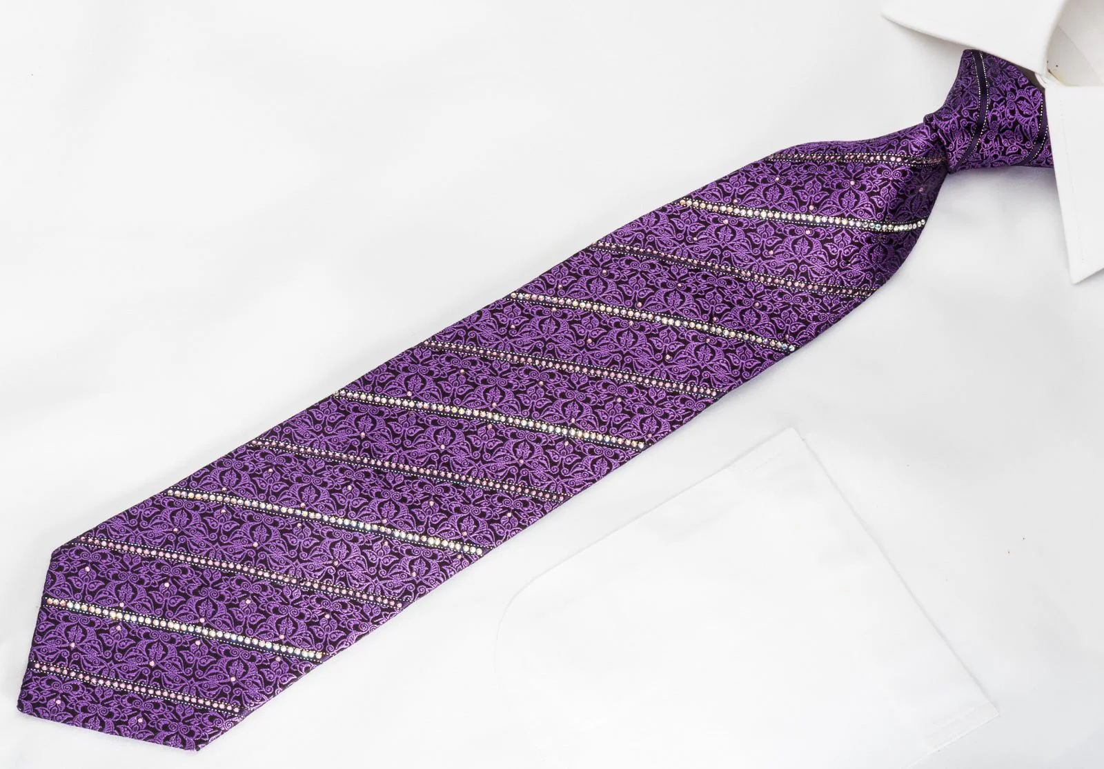 Bruno Baffi Silk Necktie Striped Rhinestones & Purple Cartouche On Black - Image 3