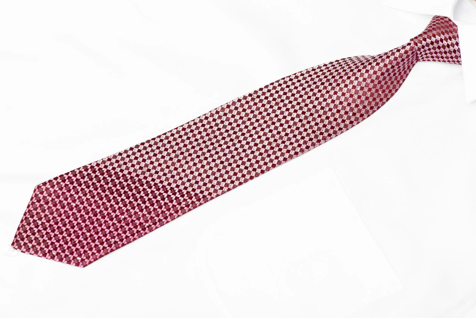 Burgundy Checkered Rhinestone Silk Necktie With Silver Sparkles - Image 2