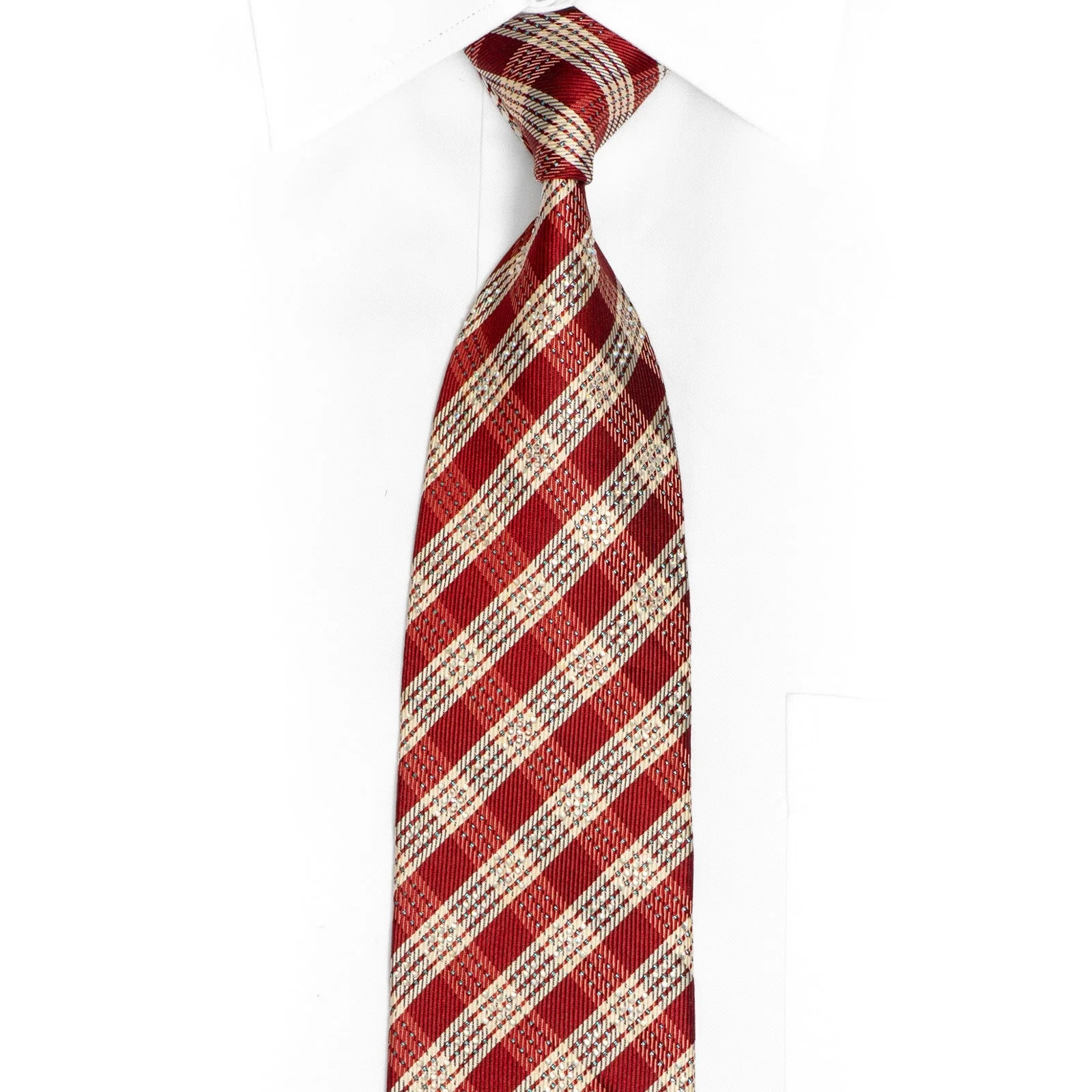 Burgundy Silver Plaid Rhinestone Silk Tie With Blue Sparkles