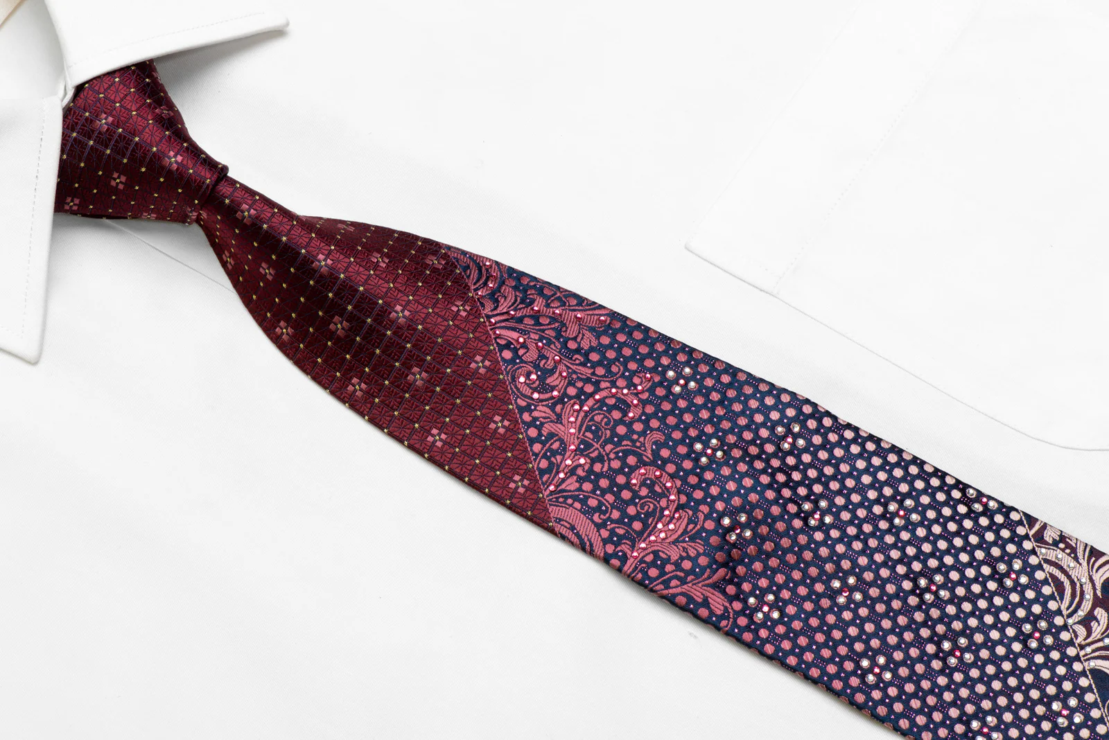 Burgundy Trellis Acanthus Scrolls On Navy Rhinestone Silk Necktie With Gold Sparkles - Image 2