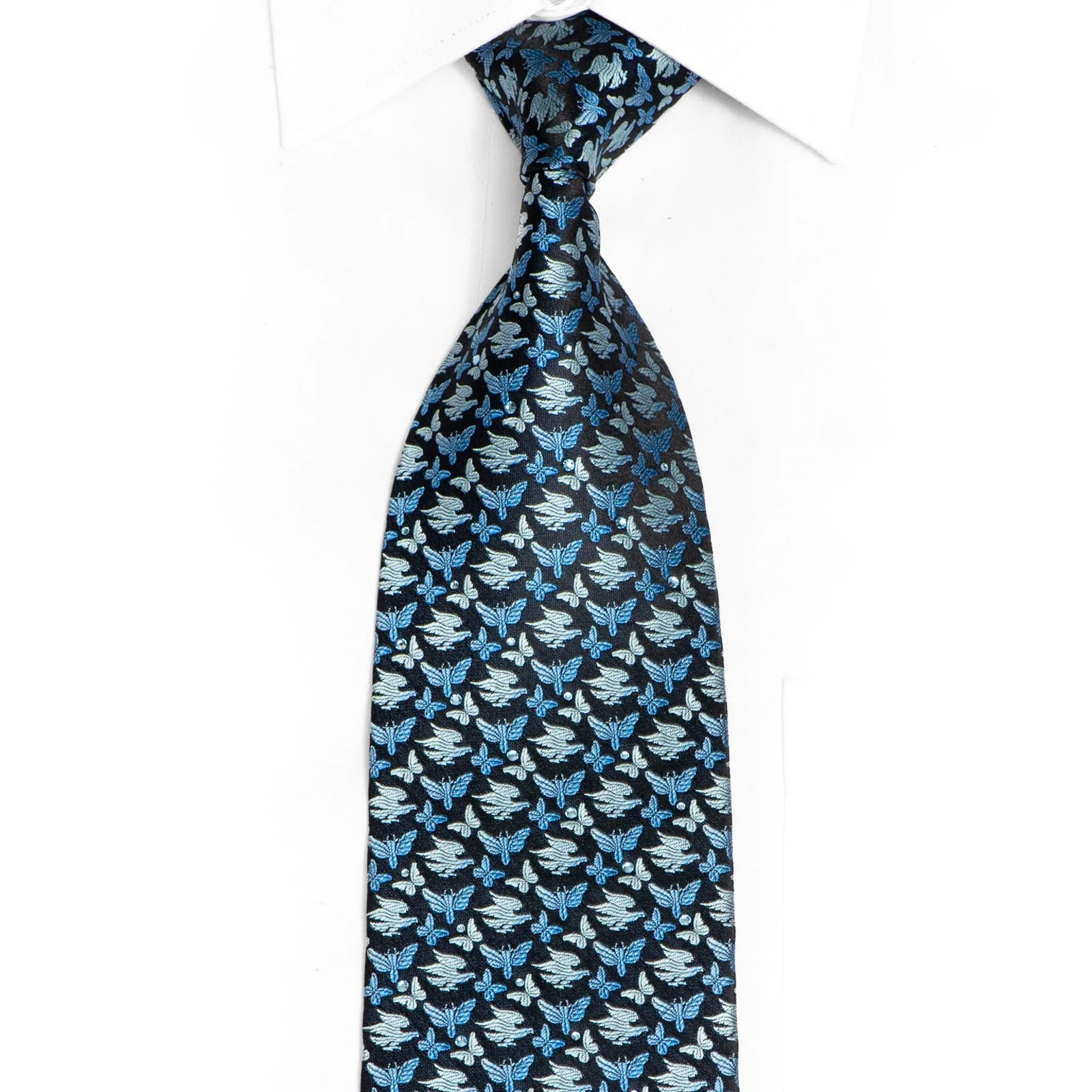 Butterflies On Navy Rhinestone Silk Necktie
