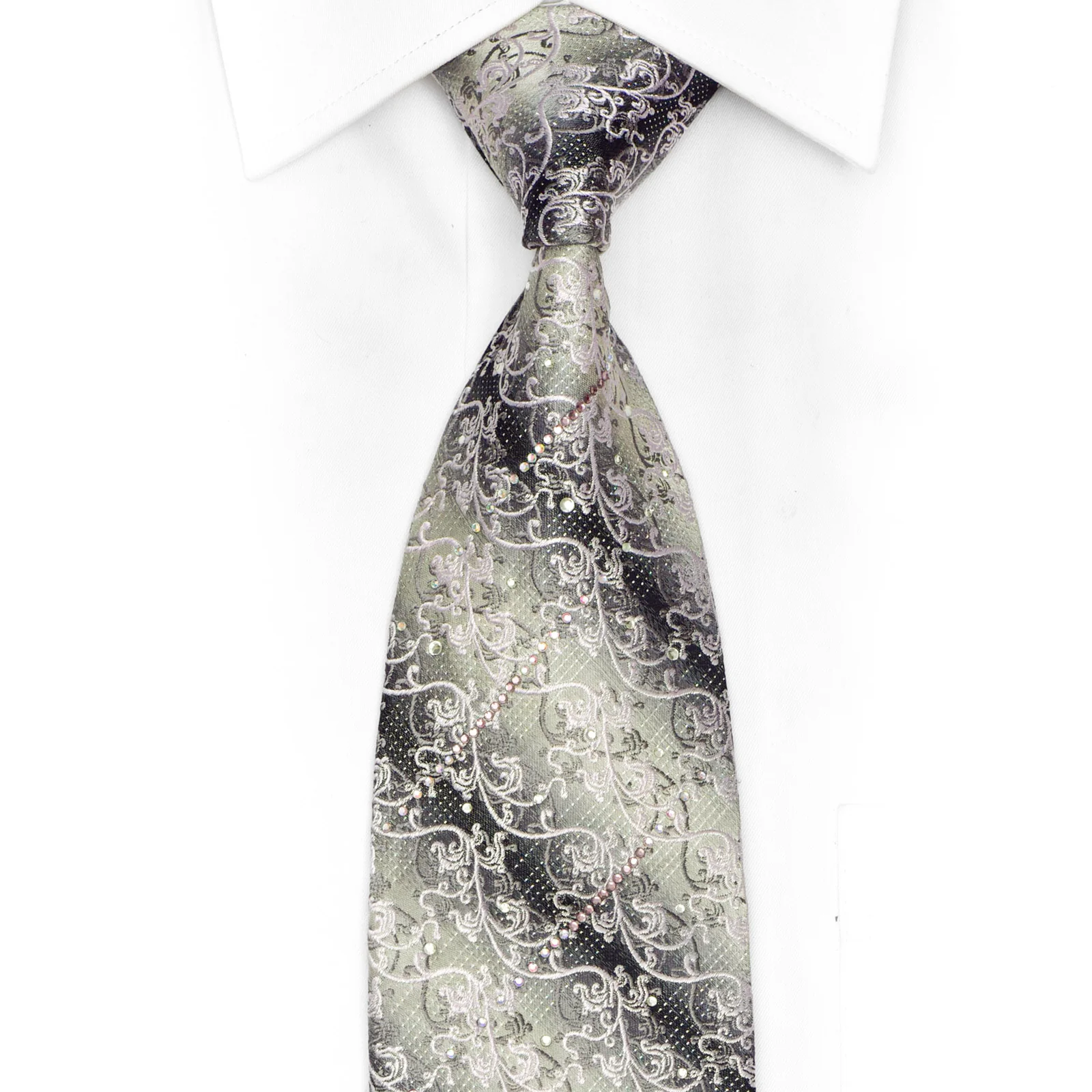 Silver Acanthus On Silver Rhinestone Silk Tie With Sparkles
