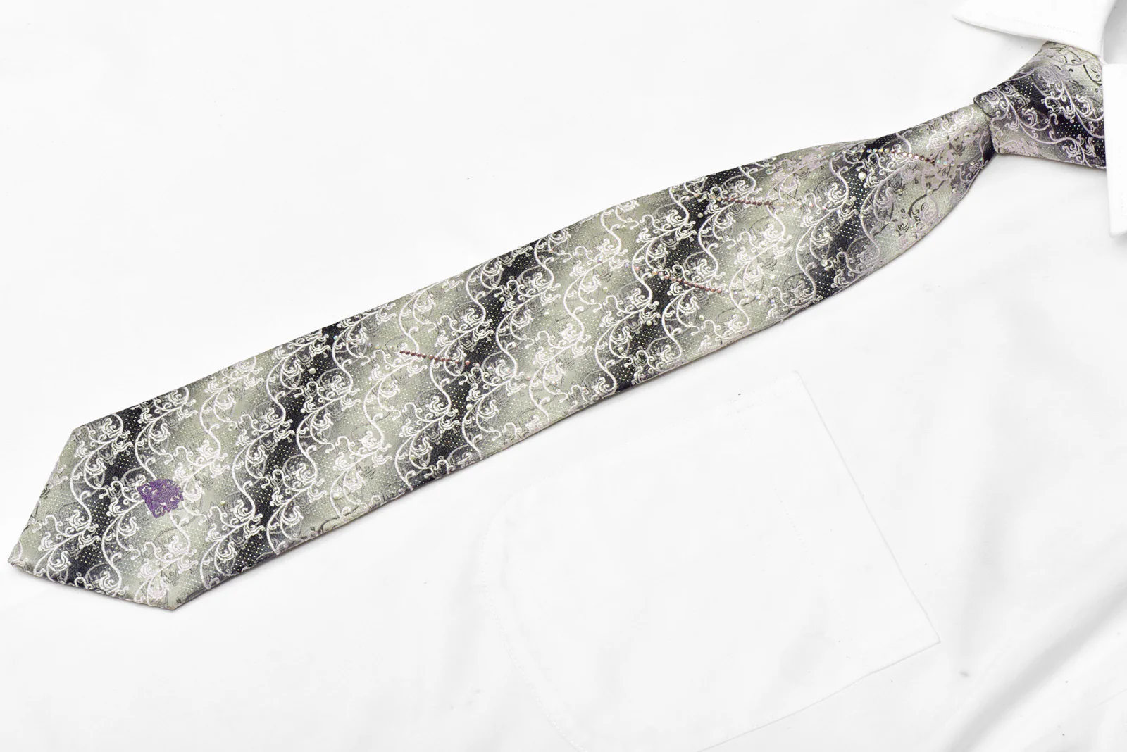 Silver Acanthus On Silver Rhinestone Silk Tie With Sparkles - Image 2
