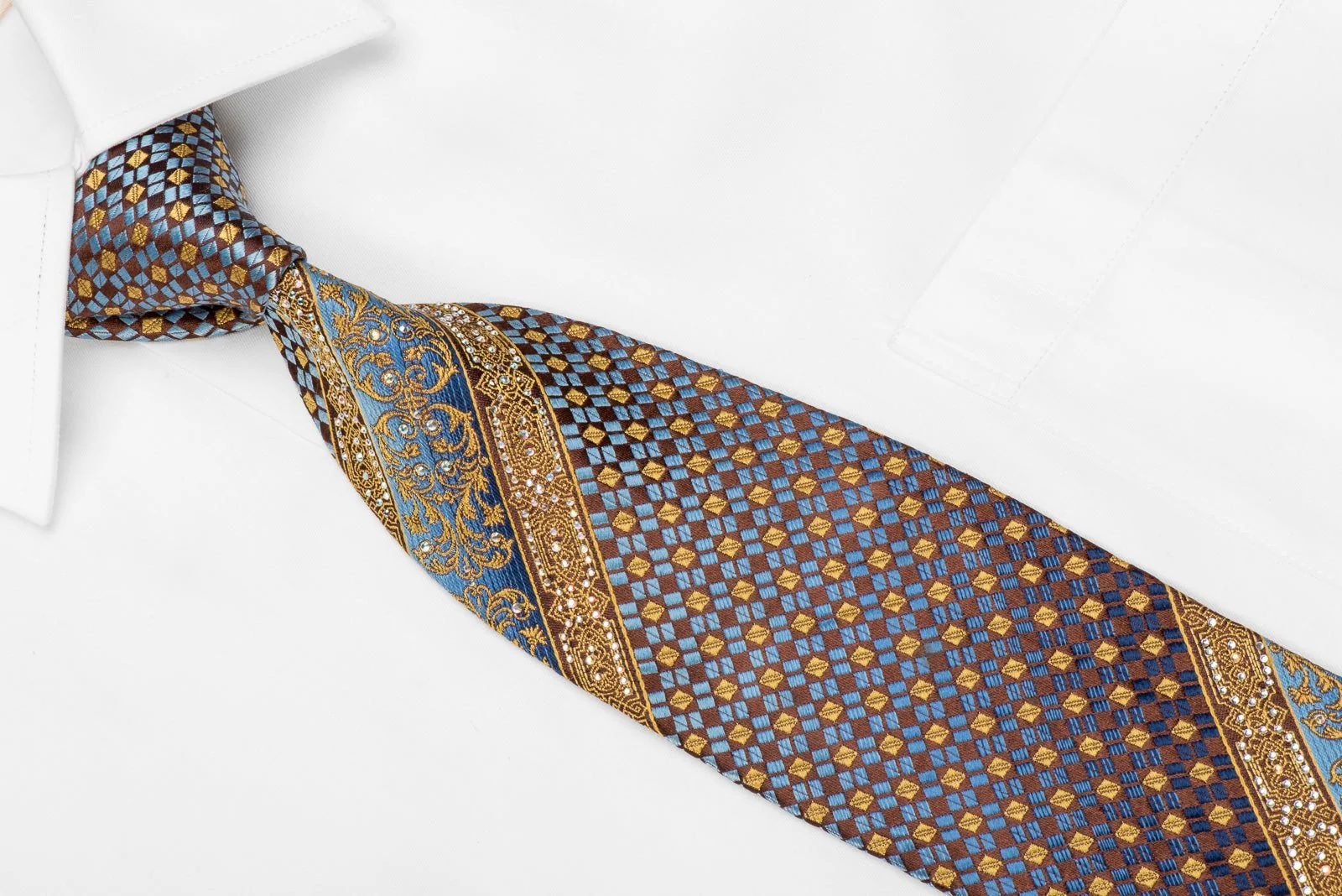 Cabrini Men's Crystal Silk Necktie Gold Blue Cartouche Checker On Brown With Gold Sparkles - Image 3
