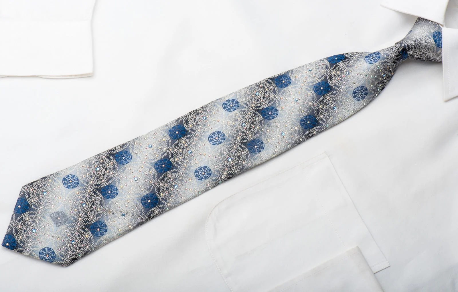Cabrini Men's Silk Necktie Medallions On Silver Sparkling With Crystal Rhinestones - Image 2