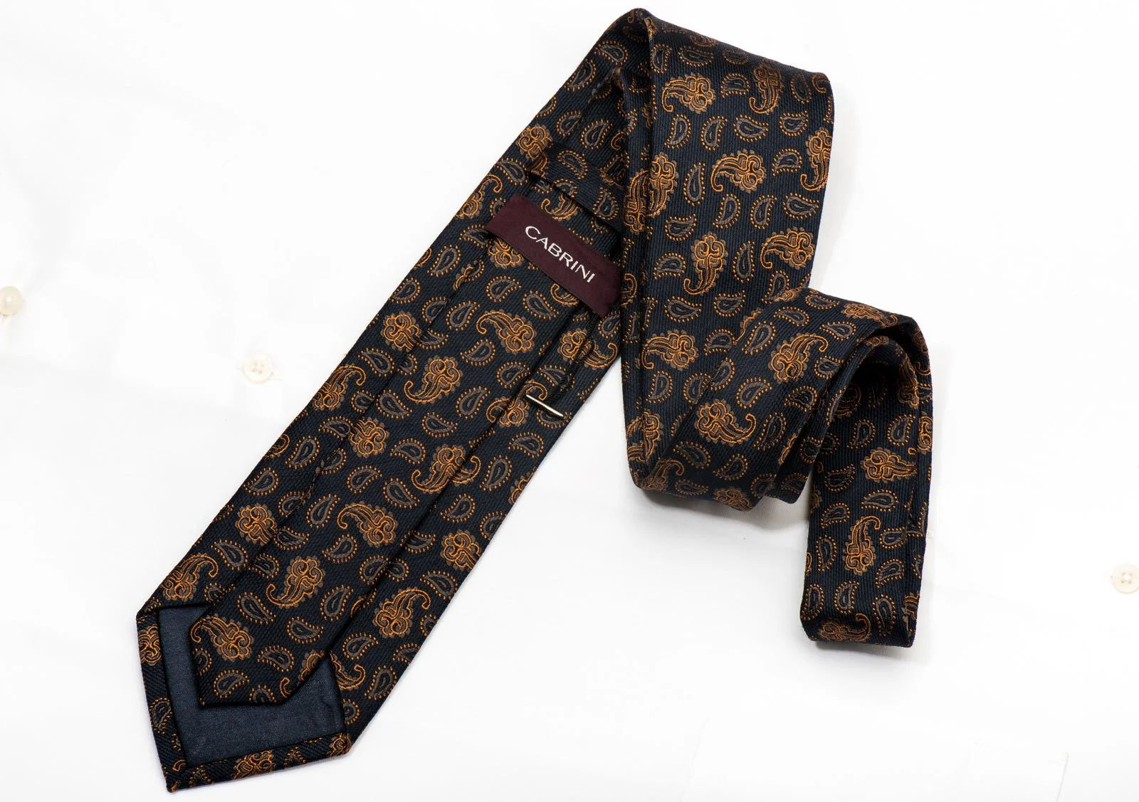 Cabrini Men's Silk Necktie Orange Floral On Navy Sparkling With Rhinestones - Image 4