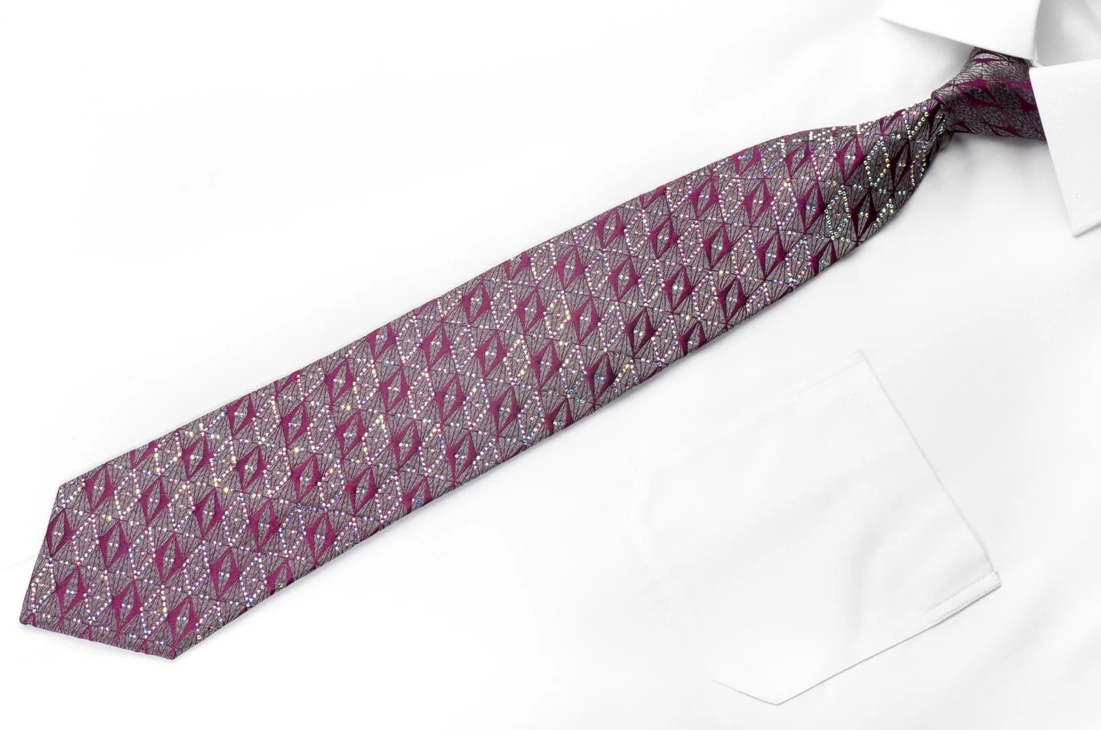 Cabrini Men's Silk Necktie Purple Silver Geometric Sparkling With Crystal Rhinestones - Image 3