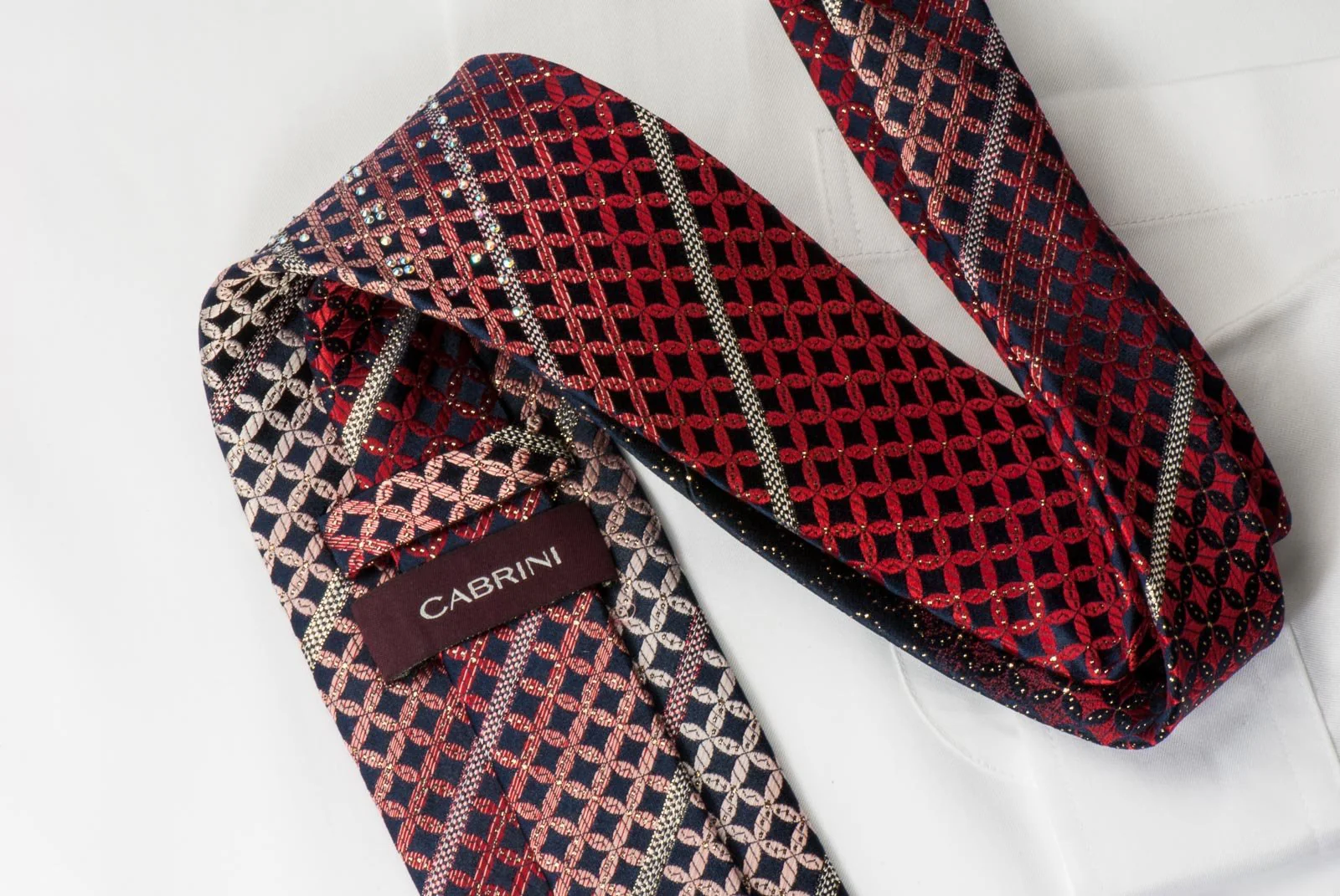 Cabrini Mens Silk Rhinestone Necktie Burgundy Black Geometric With Silver Sparkles - Image 6