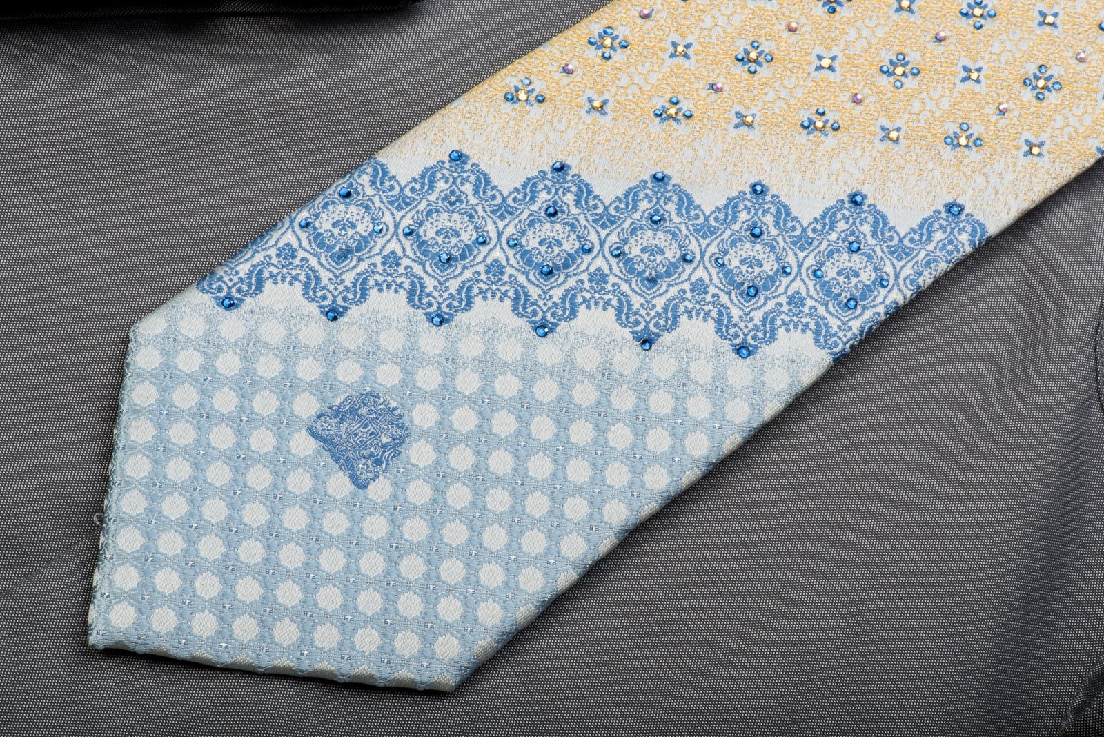 Cabrini Rhinestone Silk Necktie Cartouche On Blue With Silver Sparkles - Image 2