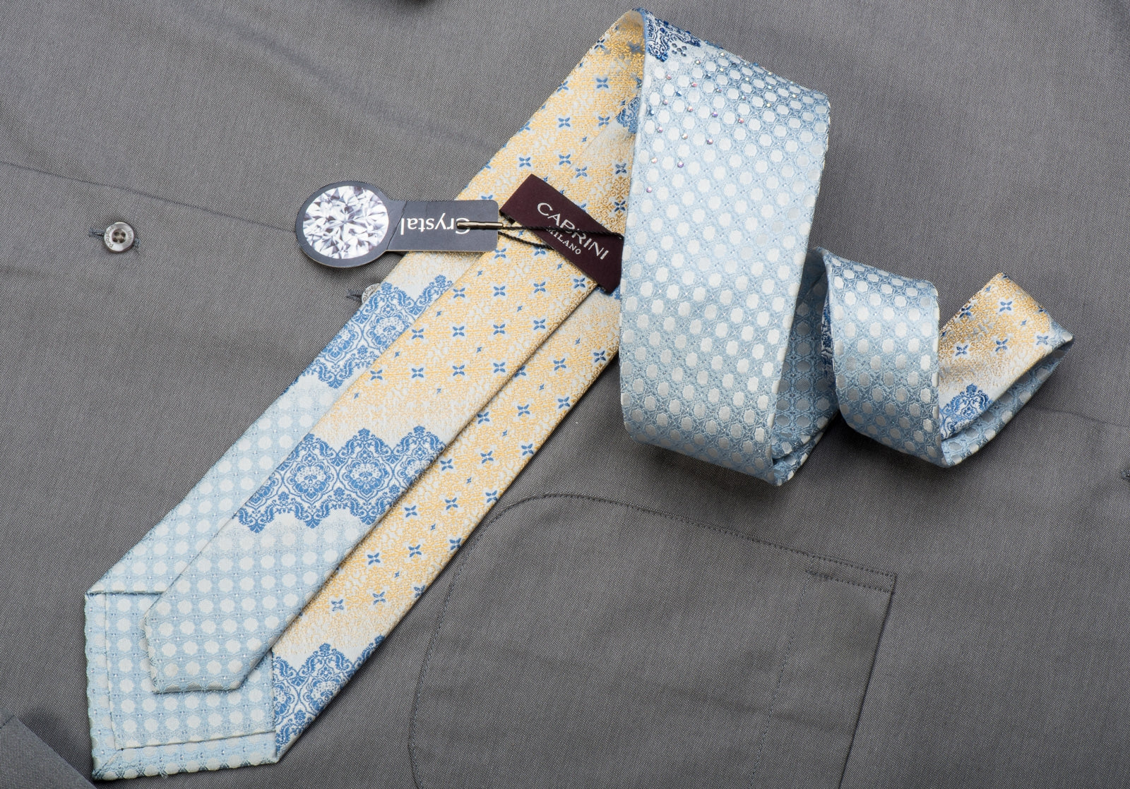 Cabrini Rhinestone Silk Necktie Cartouche On Blue With Silver Sparkles - Image 6