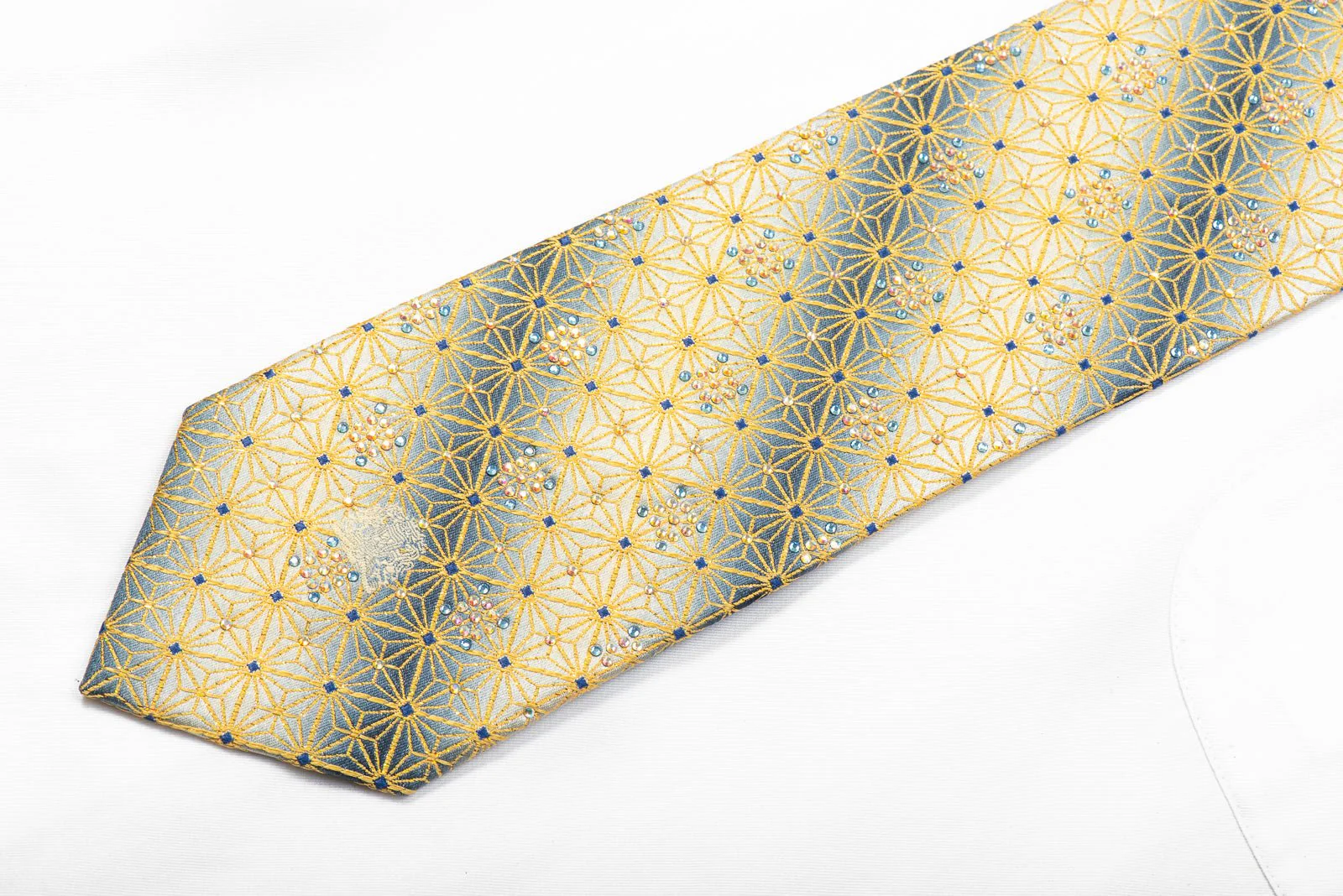 Cabrini Rhinestone Silk Necktie Golden Trellis On Silver With Sparkles - Image 3