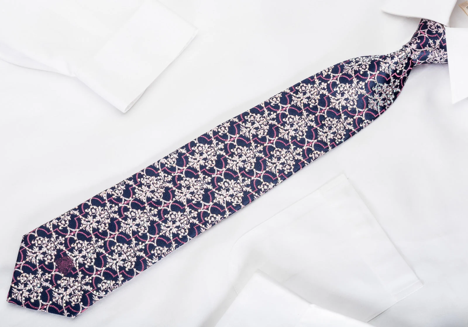 Cabrini Rhinestone Silk Necktie Silver Damask On Blue With Silver Sparkles - Image 4