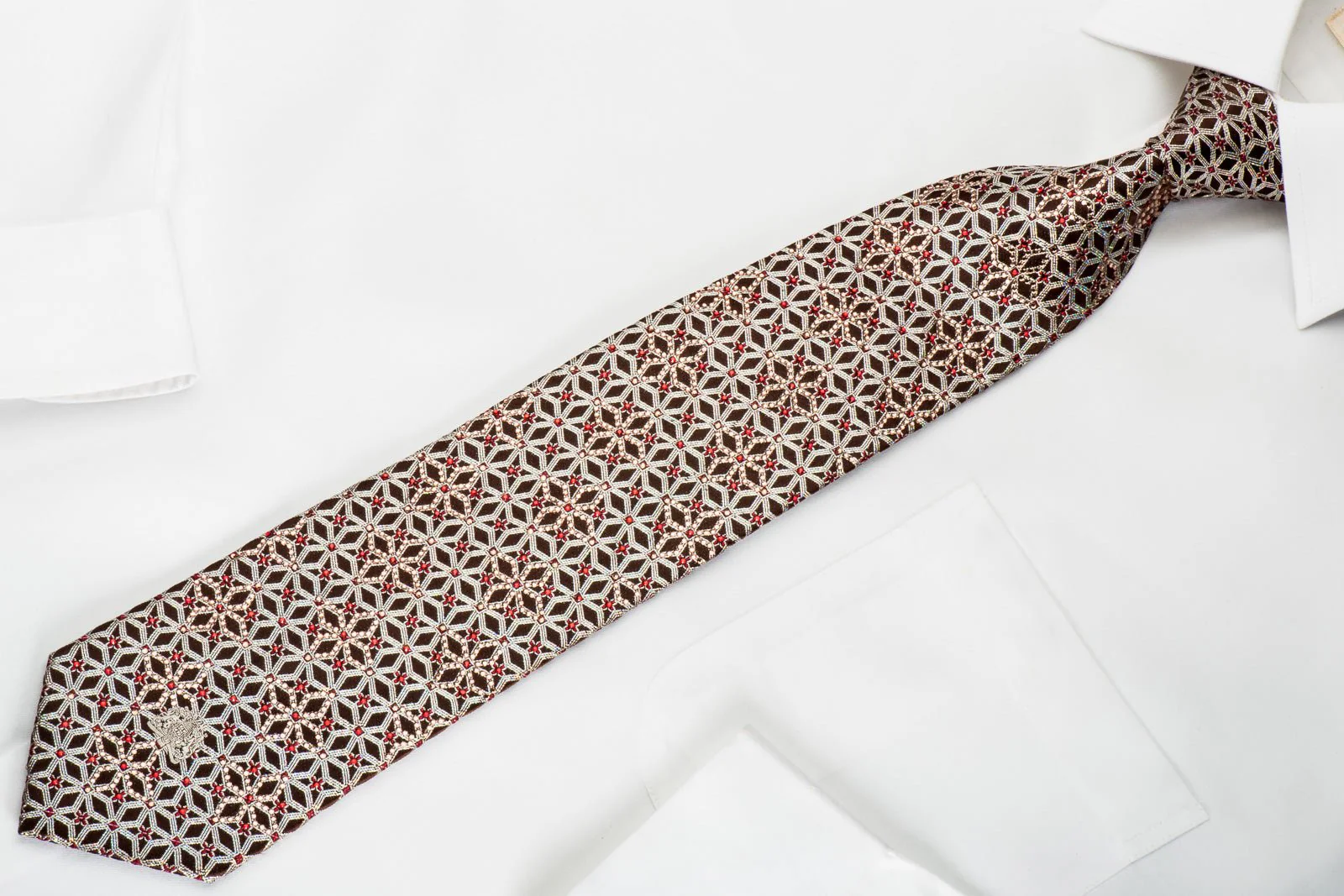 Cabrini Rhinestone Silk Necktie Silver Trellis On Burgundy With Silver Sparkles - Image 3