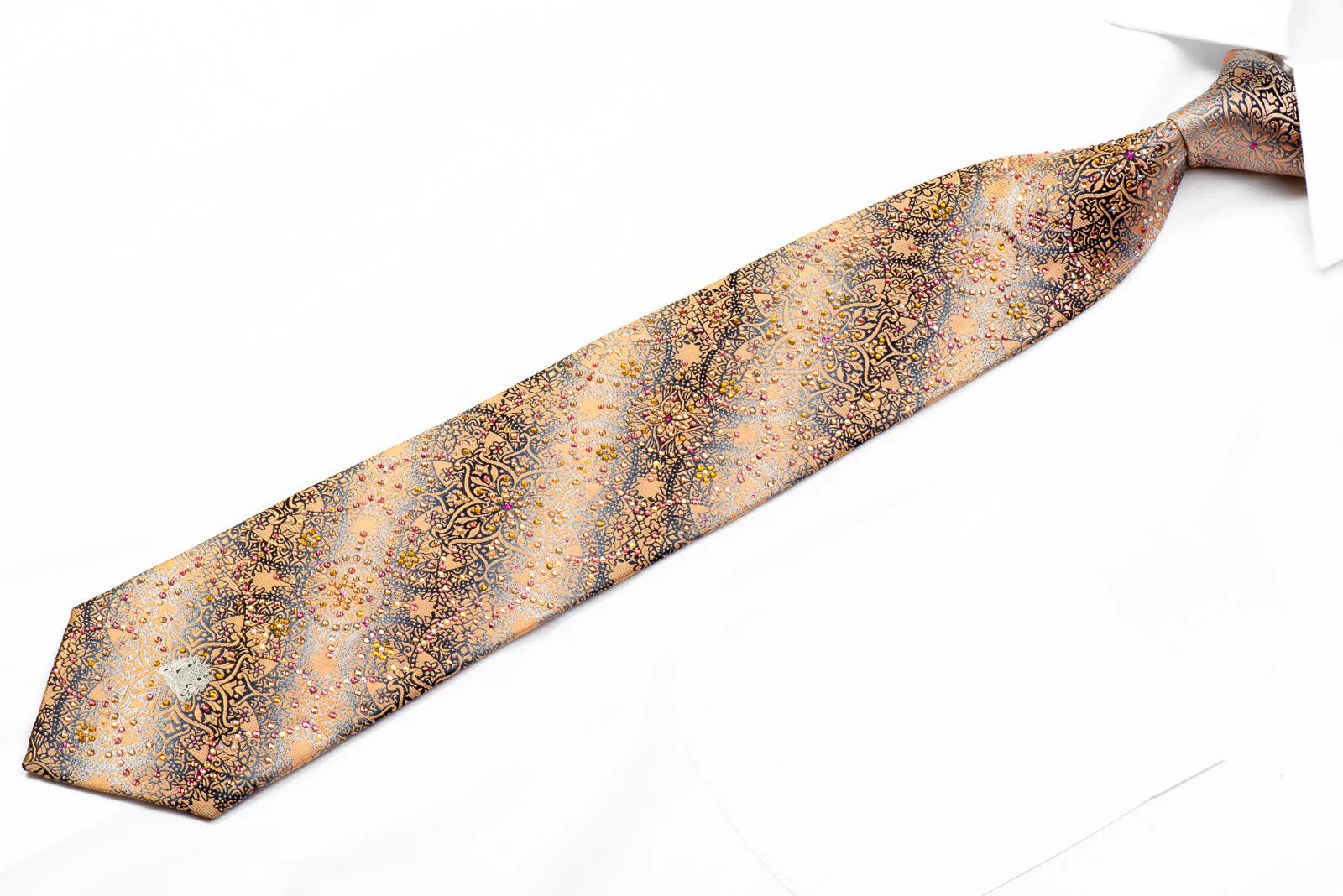 Peach Arabesque On Silver Silk Rhinestone Tie - Image 3