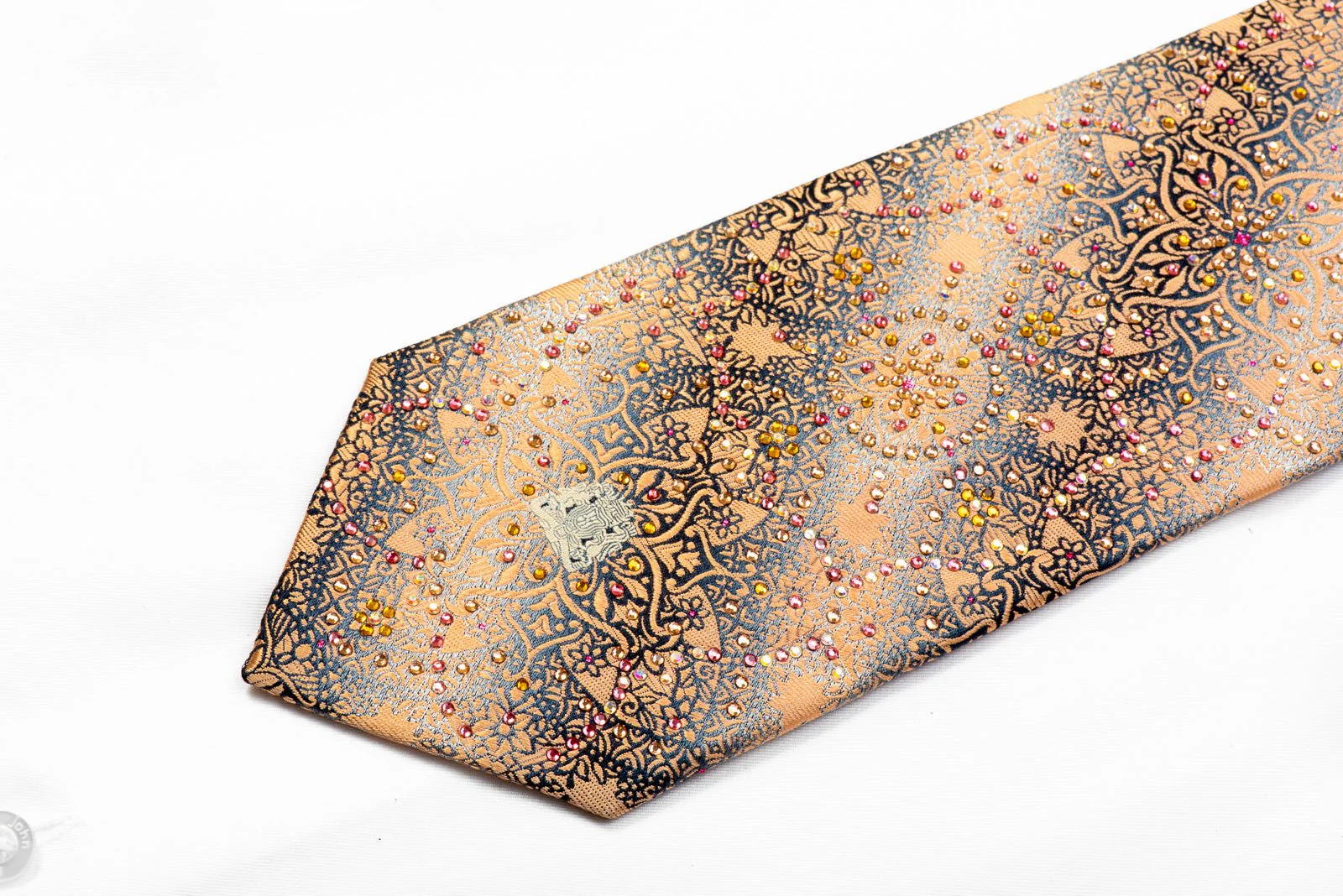 Peach Arabesque On Silver Silk Rhinestone Tie - Image 4