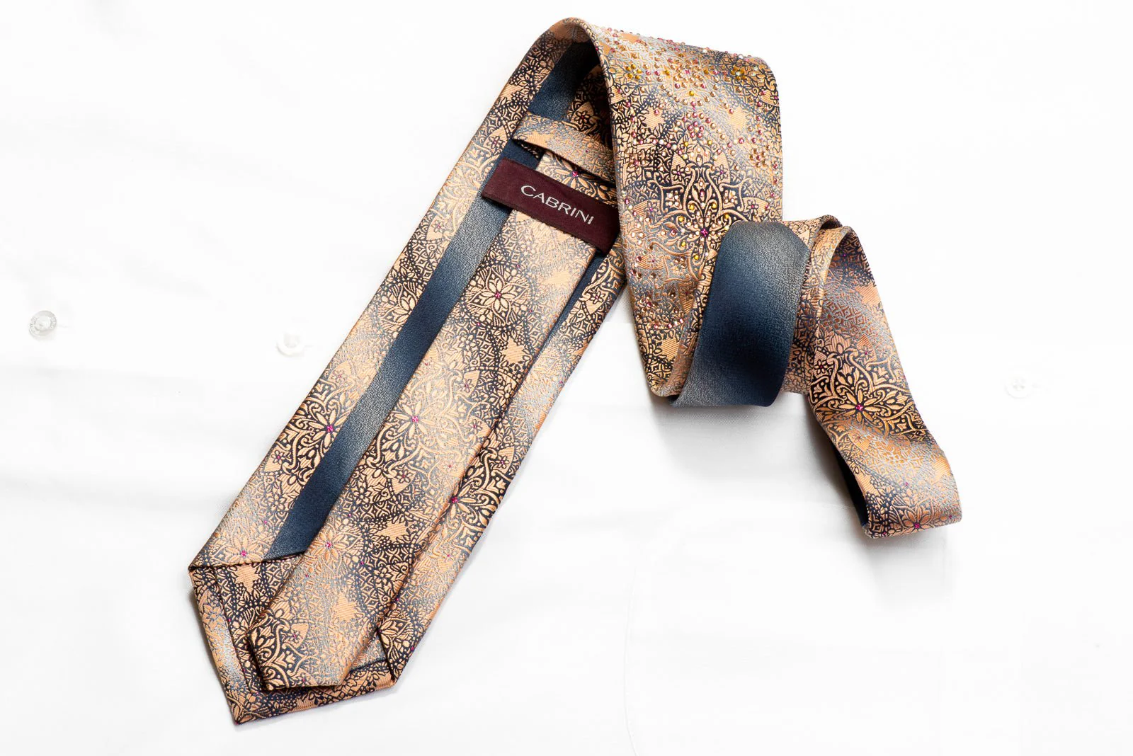 Peach Arabesque On Silver Silk Rhinestone Tie - Image 5