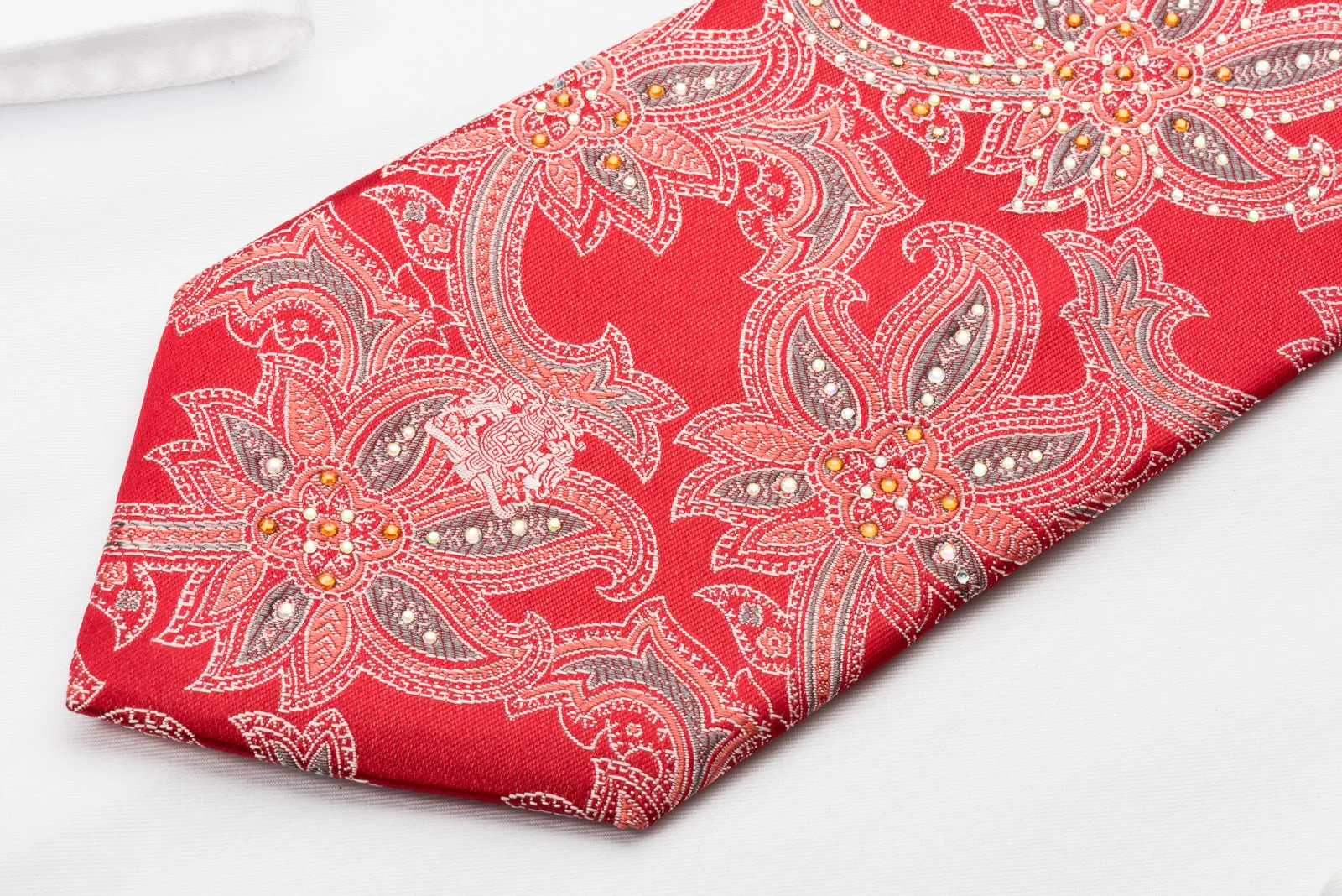 Cabrini Silk Necktie Floral On Red With Sparkling Rhinestones - Image 5
