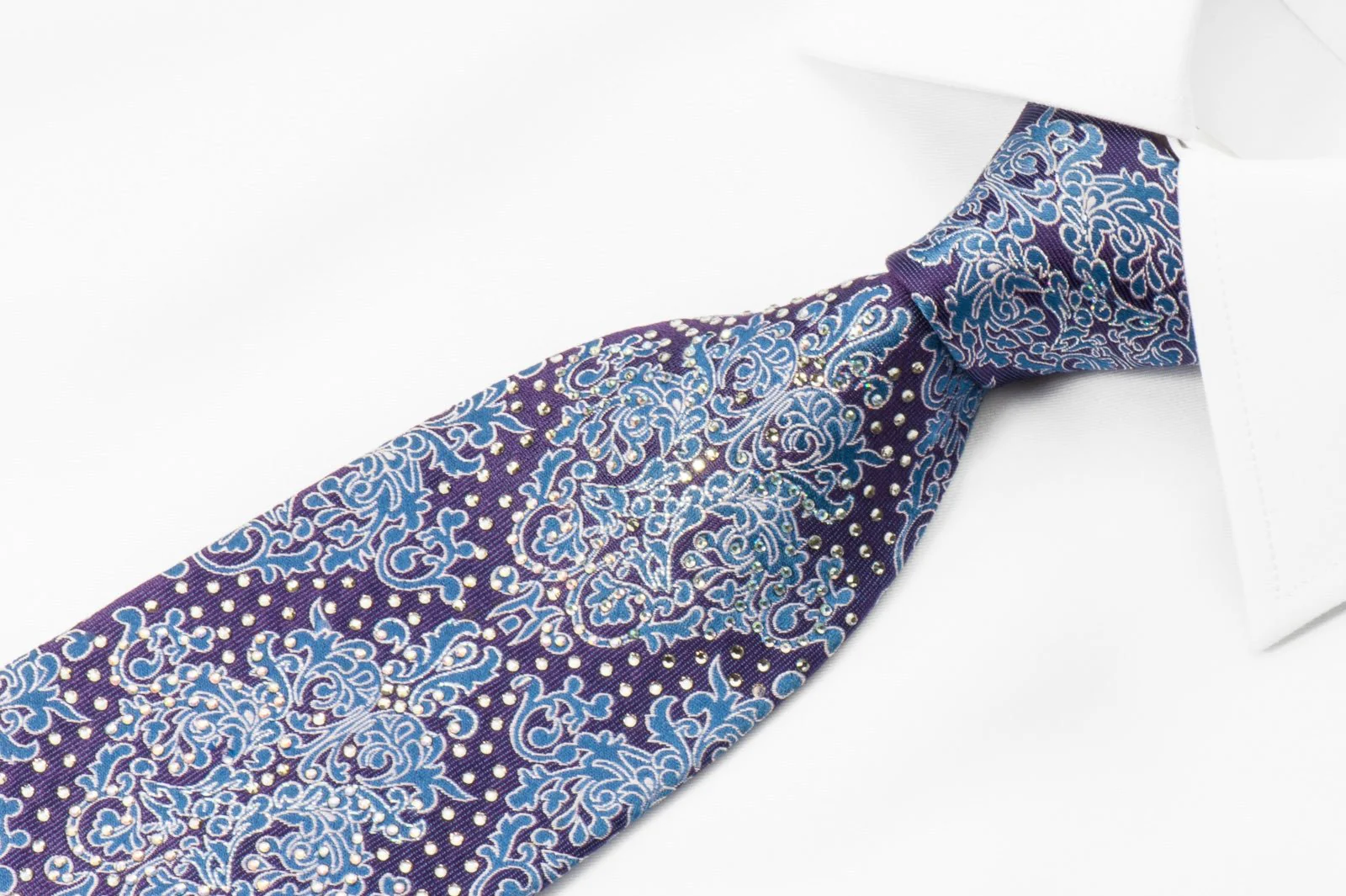 Cabrini Silk Necktie Silver & Blue Damask On Purple With Clear White Rhinestones - Image 3