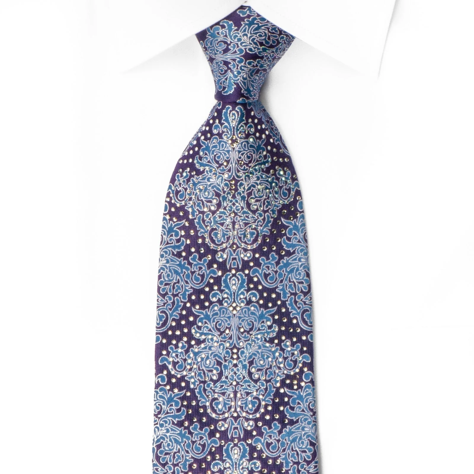 Cabrini Silk Necktie Silver & Blue Damask On Purple With Clear White Rhinestones - Image 4