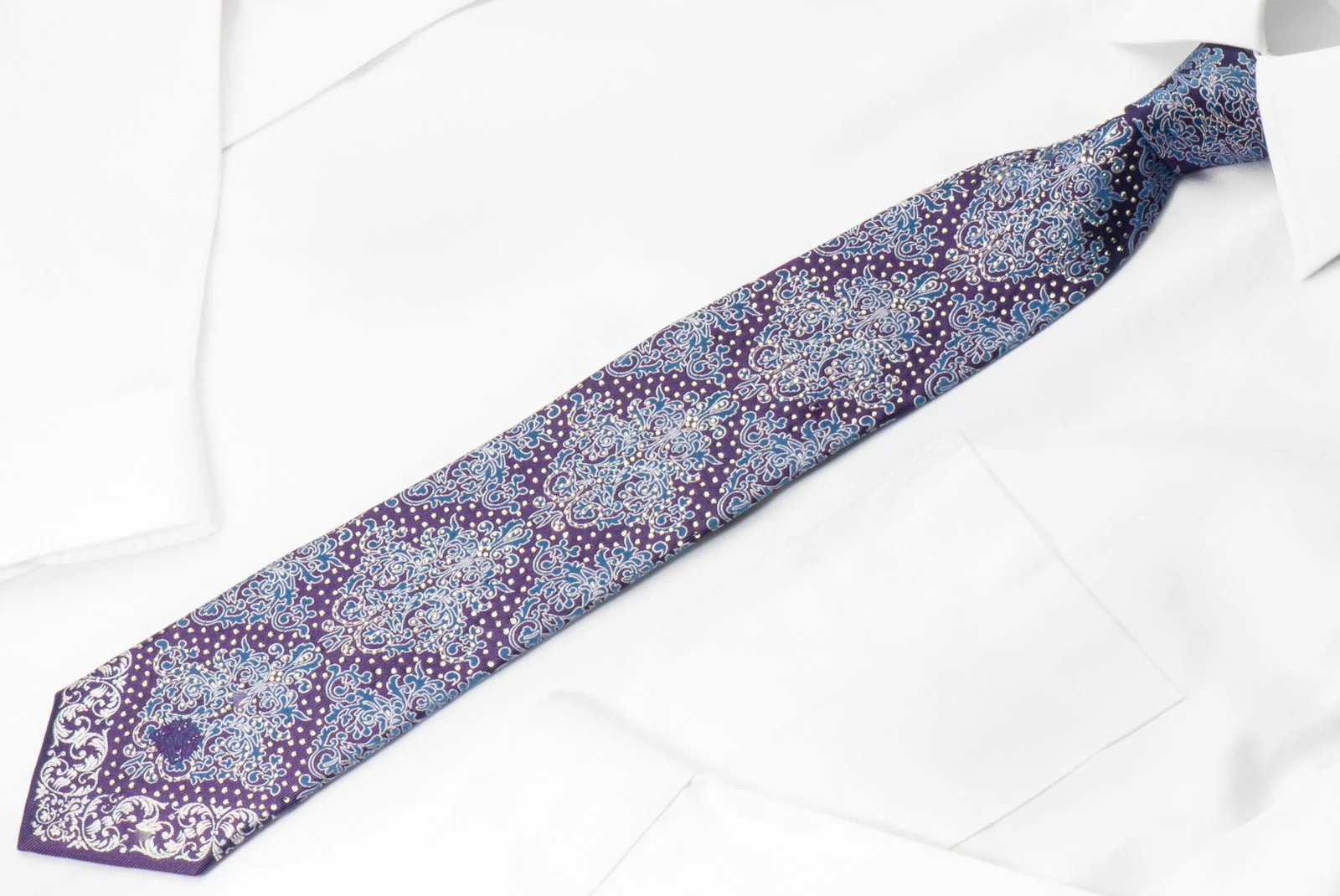 Cabrini Silk Necktie Silver & Blue Damask On Purple With Clear White Rhinestones - Image 6