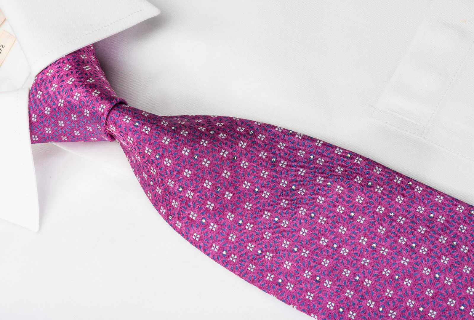 Cabrini Silk Necktie Silver Squares On Pink With Rhinestones - Image 5