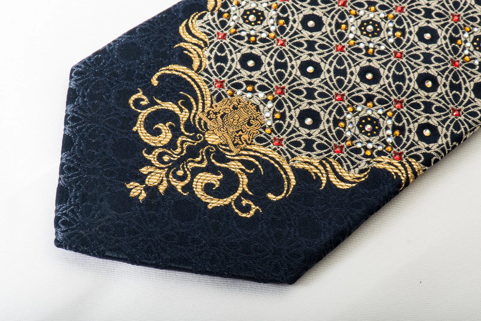 Arabesque On Navy Silk Tie With Rhinestones & Gold Sparkles - Image 4